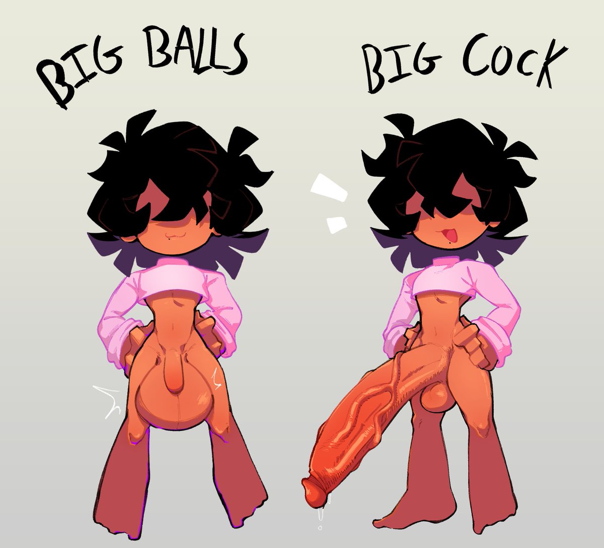 2boys balls big_balls big_balls_small_penis big_penis black_hair bottomless cute dark-skinned_femboy dark-skinned_male dark_skin erection femboy girly hair_over_eyes huge_balls huge_cock hung_trap hyper_balls hyper_cock_femboy hyper_penis male male_only original original_character oversized_balls penis precum purple_hair sanikink_(artist) smile topwear vein veiny_penis