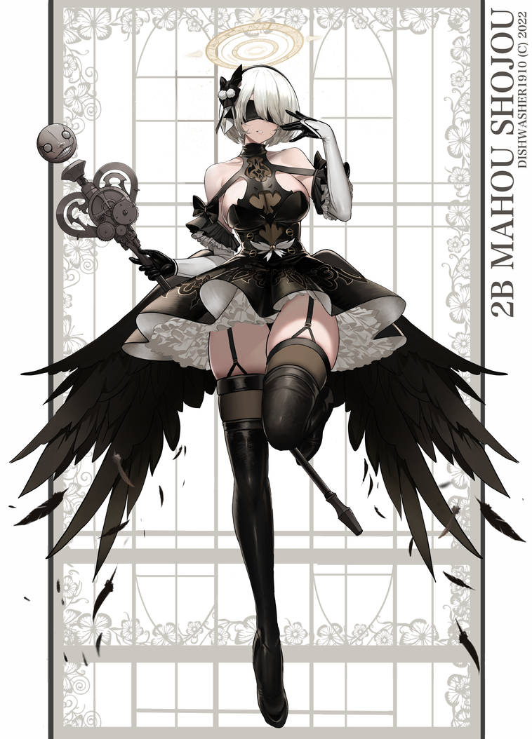 1girls, black dress, black hairband, blindfold, breasts, covered eyes, dishwasher1910, dress, elbow gloves, feathers, female, garter straps, gloves, hairband, halo, high heels, large breasts, mole, mole under mouth, nier: automata, short hair, sideboob, solo, staff, thighhighs, white hair, yorha 2b
