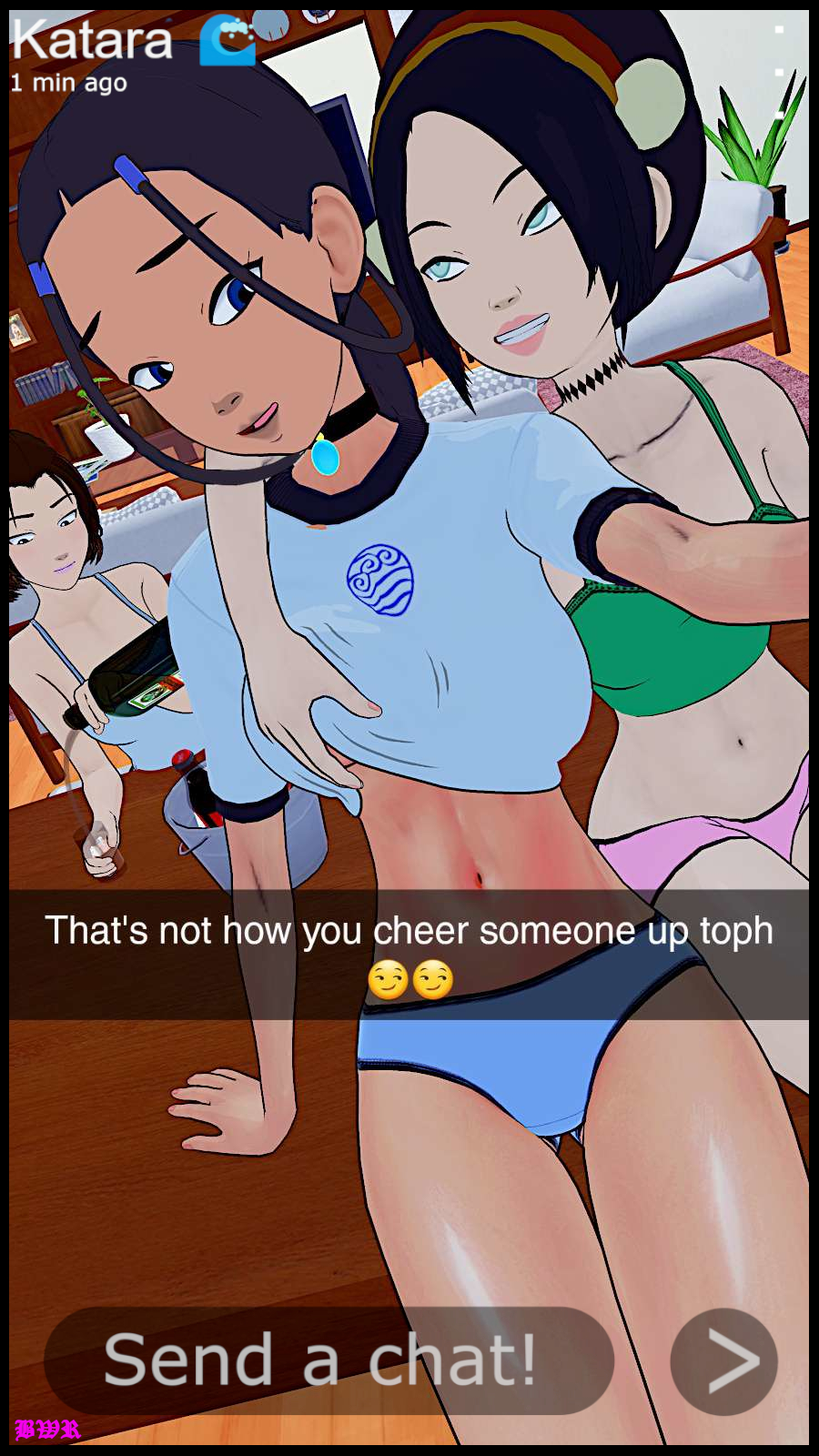 3girls alcohol avatar_legends avatar_the_last_airbender blue_eyes braided_ponytail breakwater_ridge brown_hair dialogue drinking earth_kingdom english_text groping groping_breasts groping_from_behind jagermeister katara nudes_on_phone selfie sexting snapchat suki tanned_skin text toph_bei_fong water_tribe yuri