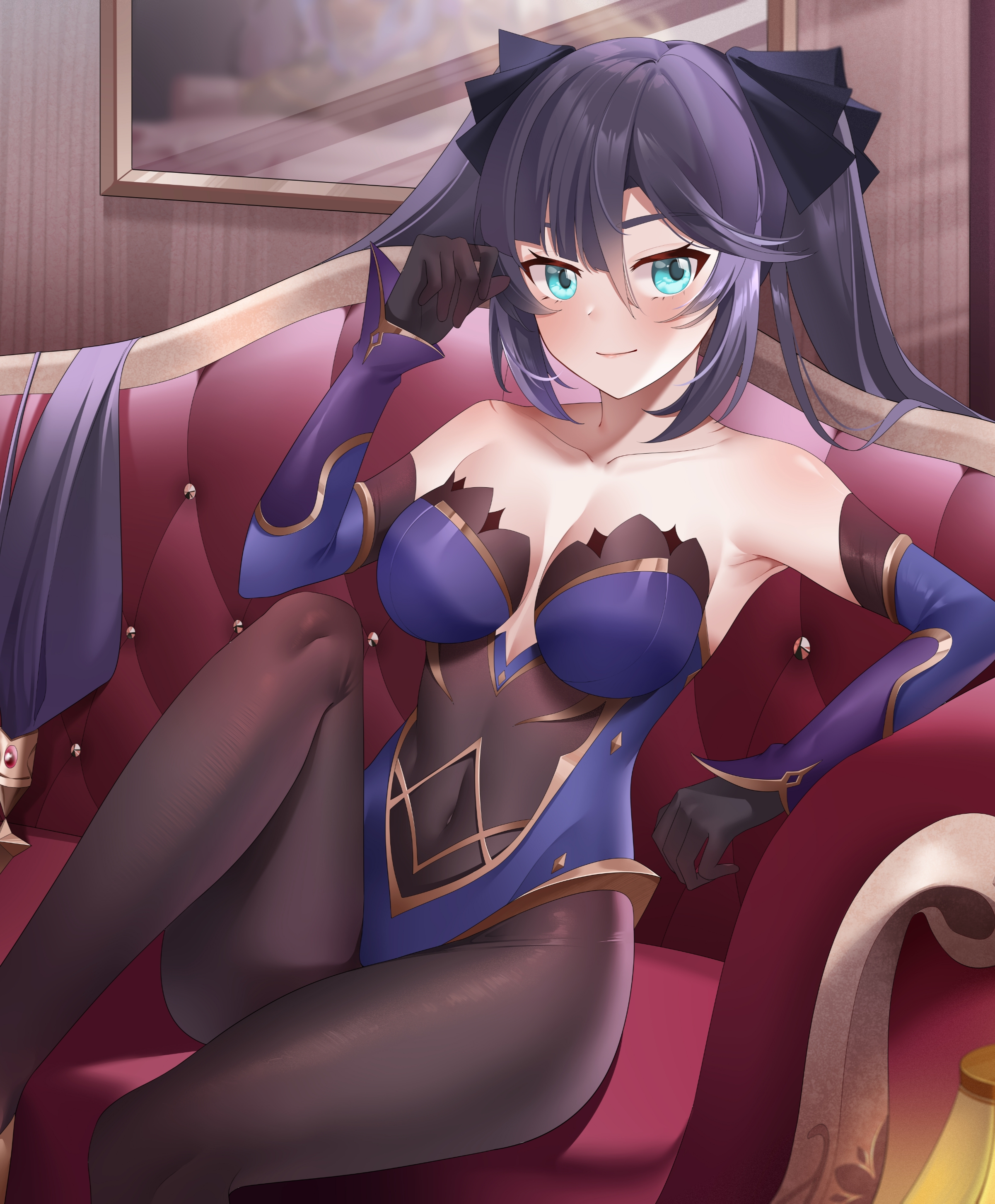 1girls, bangs, bare shoulders, before sex, black hair, blue eyes, breasts, cleavage, female, female focus, genshin impact, kemile, large breasts, looking at viewer, mona (genshin impact), pantyhose, seductive look, sitting, twintails