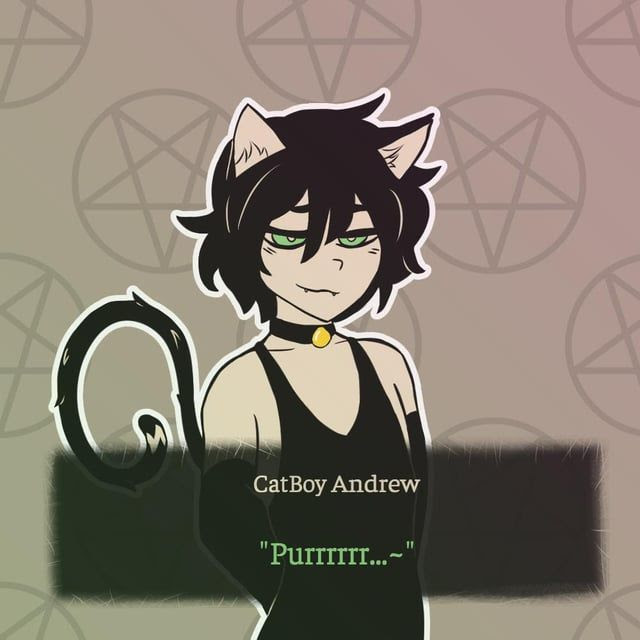 1boy, andrew graves, black hair, cat boy, cat ears, cat tail, catboy, collar, english, english text, fangs, femboy, green eyes, lagsoff, looking at viewer, male, male only, monochrome, purring, short hair, simple background, solo, solo male, text, the coffin of andy and leyley, twink