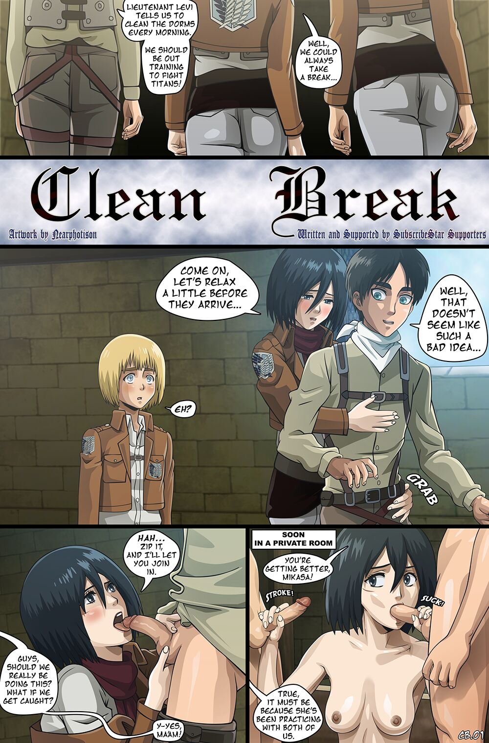 1girls, 2boys, armin arlert, attack on titan, black hair, black-haired female, blonde hair, blonde-haired male, brown hair, brown-haired male, comic, eren jaeger, female, male, mikasa ackerman, nearphotison, page 1, page number, shingeki no kyojin