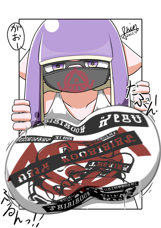 big_breasts huge_breasts inkling inkling_girl japanese_text mask nintendo oc out_of_border purple_eyes purple_hair purple_tentacles shin_arialente splatoon tentacle_hair white_background