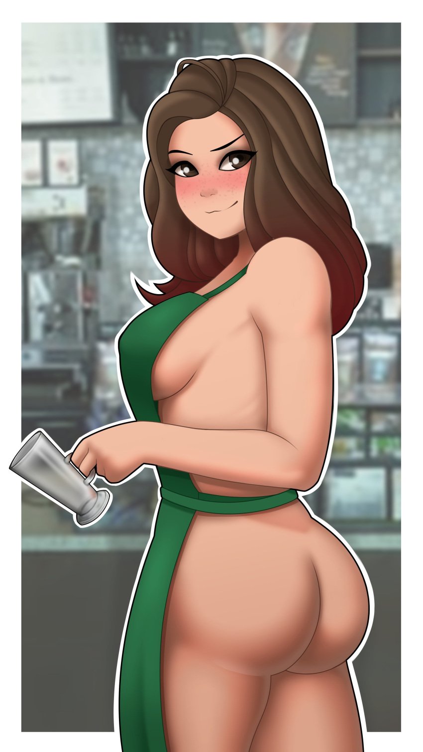 1girls apron apron_only brown_eyes brown_hair female_only girl_only looking_at_viewer medium_breasts mwxxxart naked_apron plushy_matt sideboob smile solo_female starbucks