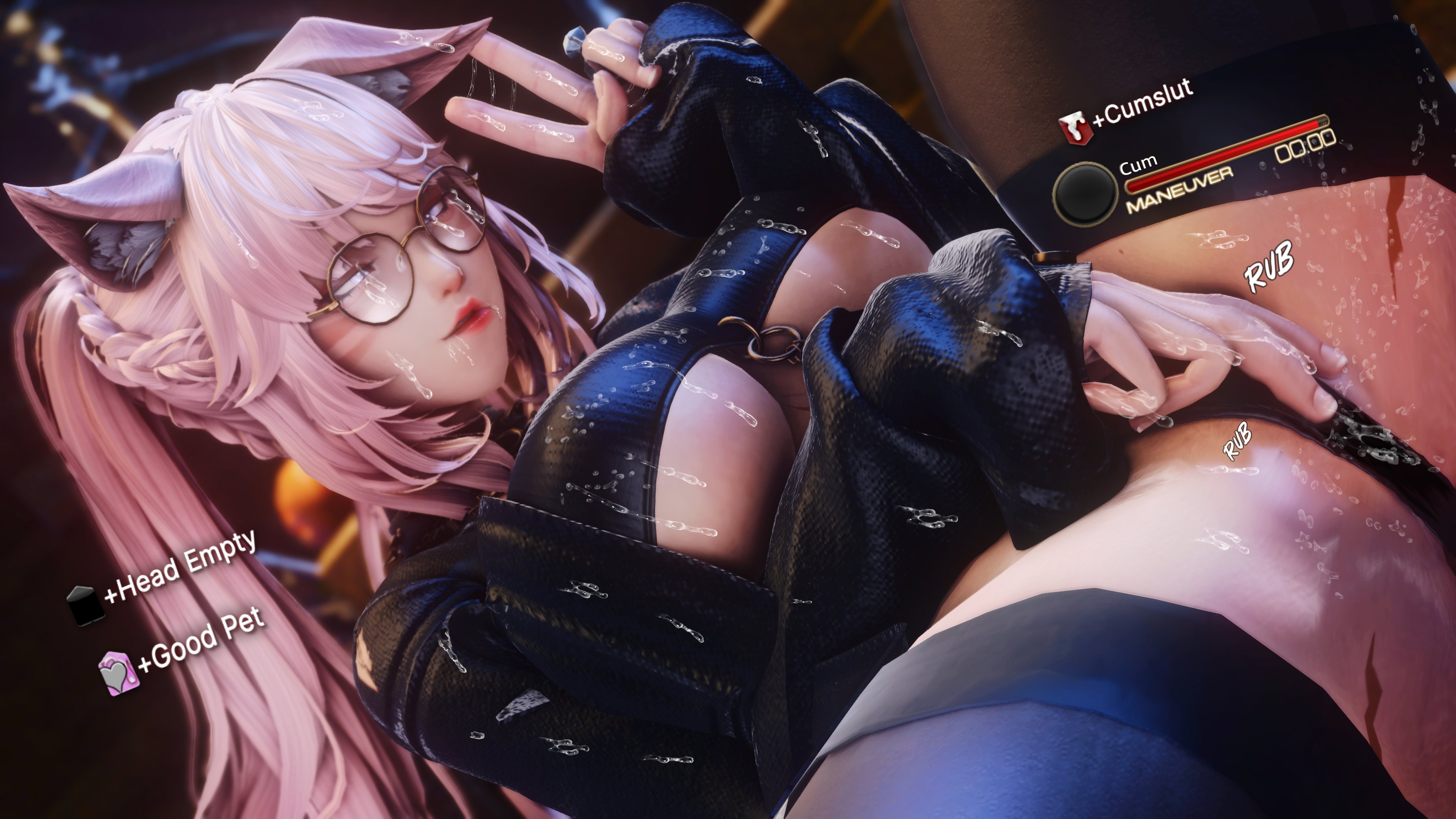 cat ears, cat girl, catgirl, cum, cum on body, cumslut, debuff, female, final fantasy, final fantasy xiv, game mechanics, glasses, gpose (ffxiv), masturbation, miqo'te, miwwuh, peace sign, squirting, status effect, tagme, touching self, v