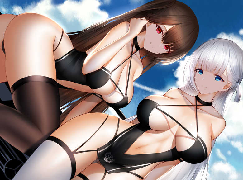 2girls alternate_costume an_yasuri ass azur_lane big_breasts black_thighhighs blue_eyes breasts brown_hair cloud female female_only light-skinned_female light_skin long_hair looking_at_viewer multiple_girls official_alternate_costume race_queen red_eyes sakura_empire_(azur_lane) shoukaku_(azur_lane) shoukaku_(sororal_wings)_(azur_lane) sky thick_thighs thighhighs thighs white_hair white_thighhighs zuikaku_(azur_lane) zuikaku_(the_wind's_true_name)_(azur_lane)