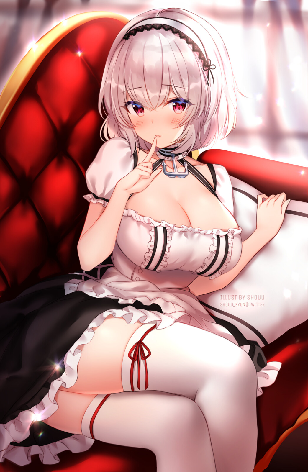 1girls azur_lane big_breasts blush breasts cleavage female female_only looking_at_viewer maid maid_uniform red_eyes short_hair shouu-kun sirius_(azur_lane) solo solo_female thick_thighs thighhighs thighs white_hair white_thighhighs