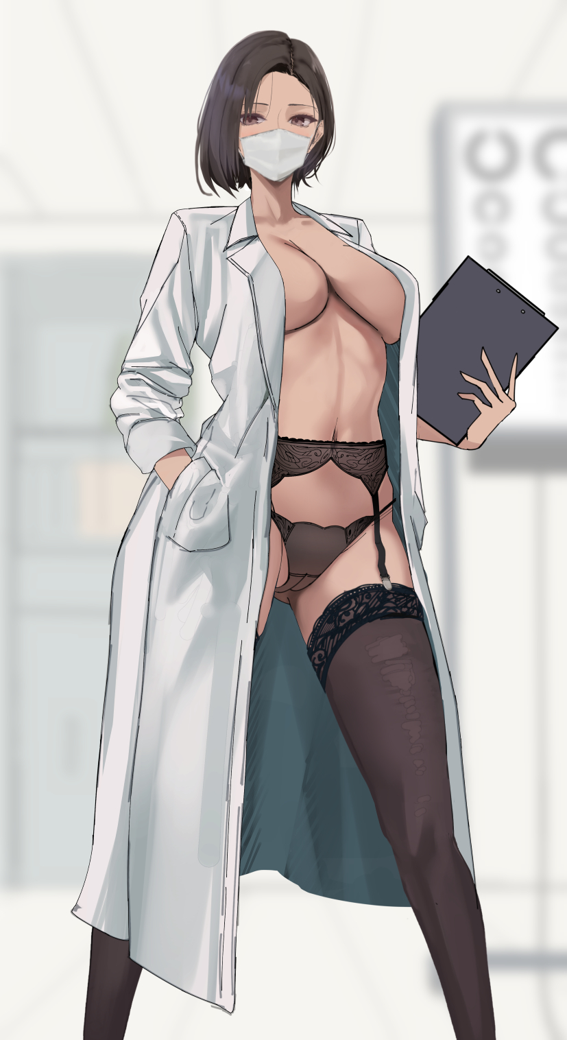 1girls 2023 ass_visible_through_thighs black_hair black_panties blurry blurry_background breasts brown_eyes cameltoe cleavage clipboard clothing coat doctor face_mask female female_only garter_belt hand_in_pocket highres holding_clipboard indoors kesoshirou lab_coat large_breasts lingerie mask navel no_bra open_clothes open_coat original panties school_nurse_(kesoshirou) short_hair solo standing thick_thighs thighs underboob underwear white_coat