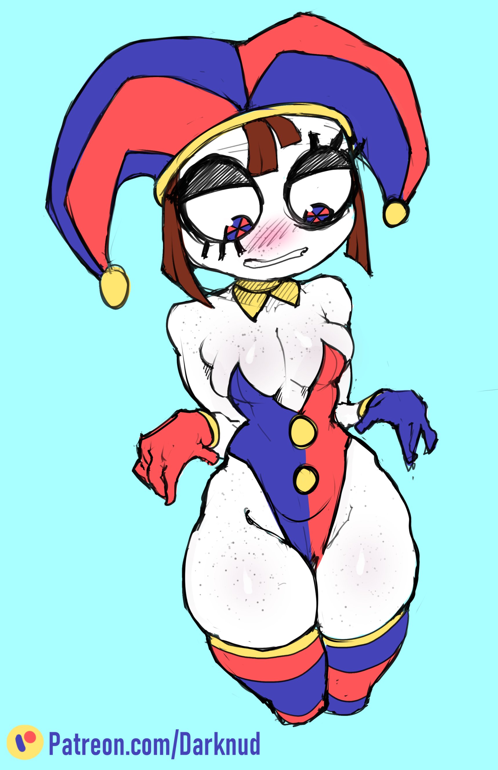 2023, 2d, 2d (artwork), 2d artwork, big thighs, blush, breasts, brown hair, cleavage, darknud, female, female focus, female only, glitch productions, gloves, gooseworx, jester, jester costume, jester hat, jester outfit, looking down, pomni (the amazing digital circus), short hair, small breasts, the amazing digital circus, thick thighs, thighs, white body