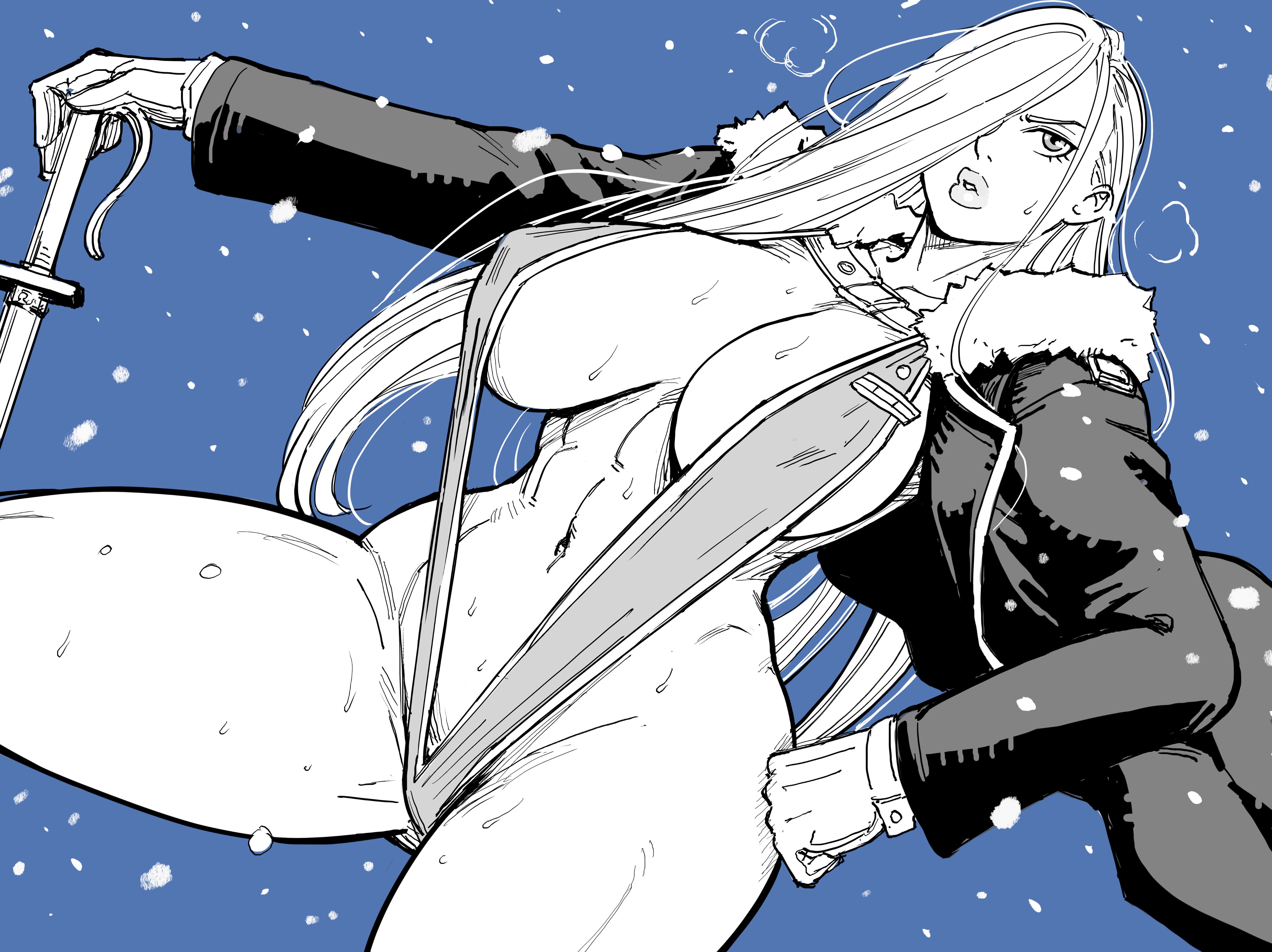 1girls, absurd res, alternate costume, athletic, athletic female, bb (baalbuddy), blue background, breasts, female, female only, fit, fit female, fullmetal alchemist, hair over one eye, hourglass figure, huge breasts, jacket, light skin, light-skinned female, long hair, olivier mira armstrong, slim waist, sling bikini, solo, sword, thick thighs, wide hips