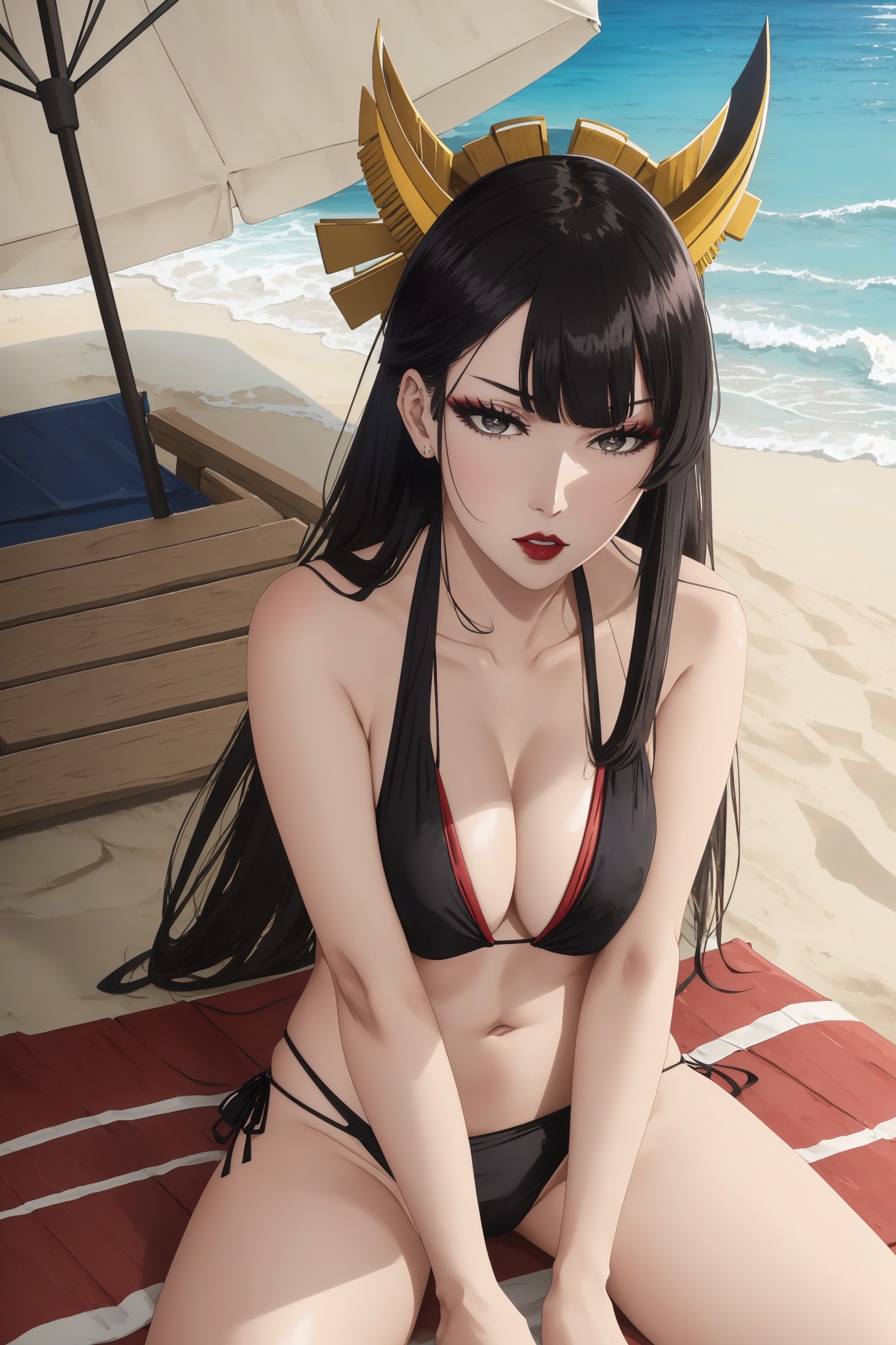 ai generated, beach, bleach, bleach: the thousand-year blood war, breasts, female, looking at viewer, shutara senjumaru, swimsuit