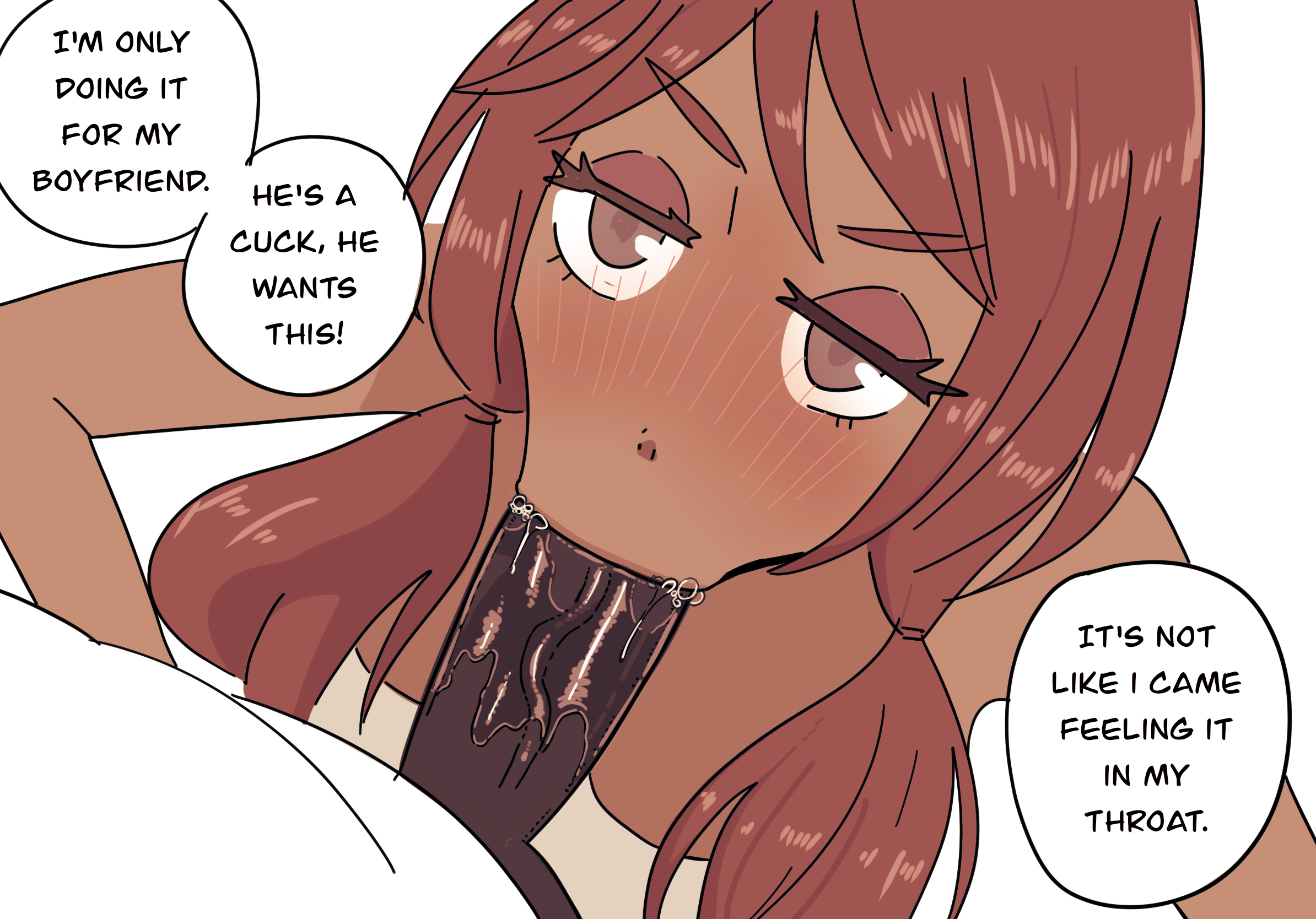 :>=, 1boy, 1girls, blowjob, blush, cuckold, dark skin, dark-skinned female, dark-skinned male, dialogue, dirty talk, english text, eye contact, fellatio, female, female focus, hasselnut, heavy blush, hi res, long hair, looking at viewer, male, my neighbour is a bunny demon, narrowed eyes, oral, orgasm, orgasm from oral, penis, pov, questionable consent, red hair, secretly loves it, speech bubble, throat fuck, twintails, vacuum fellatio, white background, wolfgang bang, zoy (my neighbour is a bunny demon)