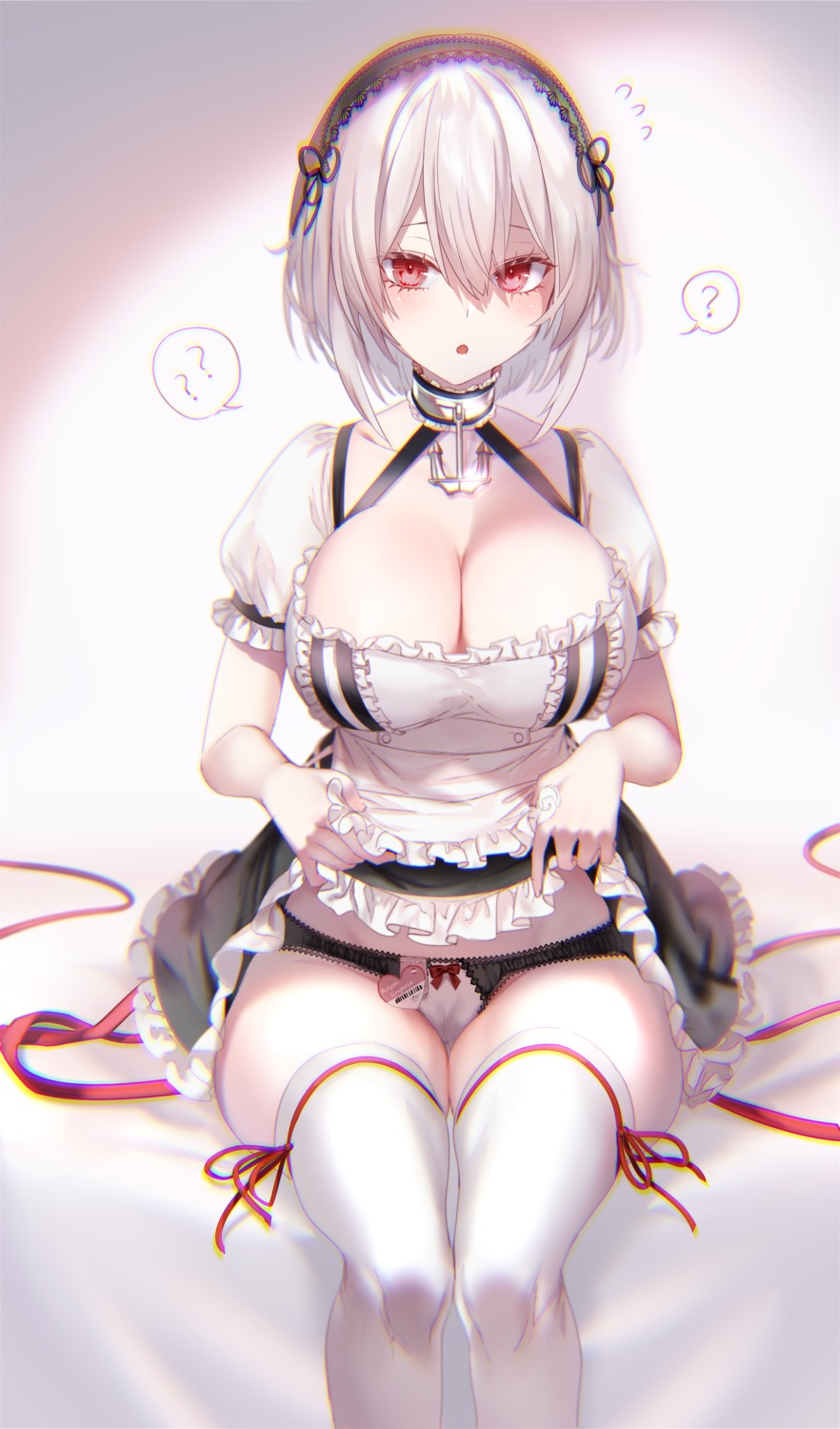 1girls azur_lane big_breasts black_panties blush breasts cleavage female female_only hair_between_eyes light-skinned_female light_skin looking_at_viewer maid only_female panties pottsness red_eyes royal_navy_(azur_lane) short_hair sirius_(azur_lane) solo thick_thighs thighhighs thighs white_hair white_thighhighs