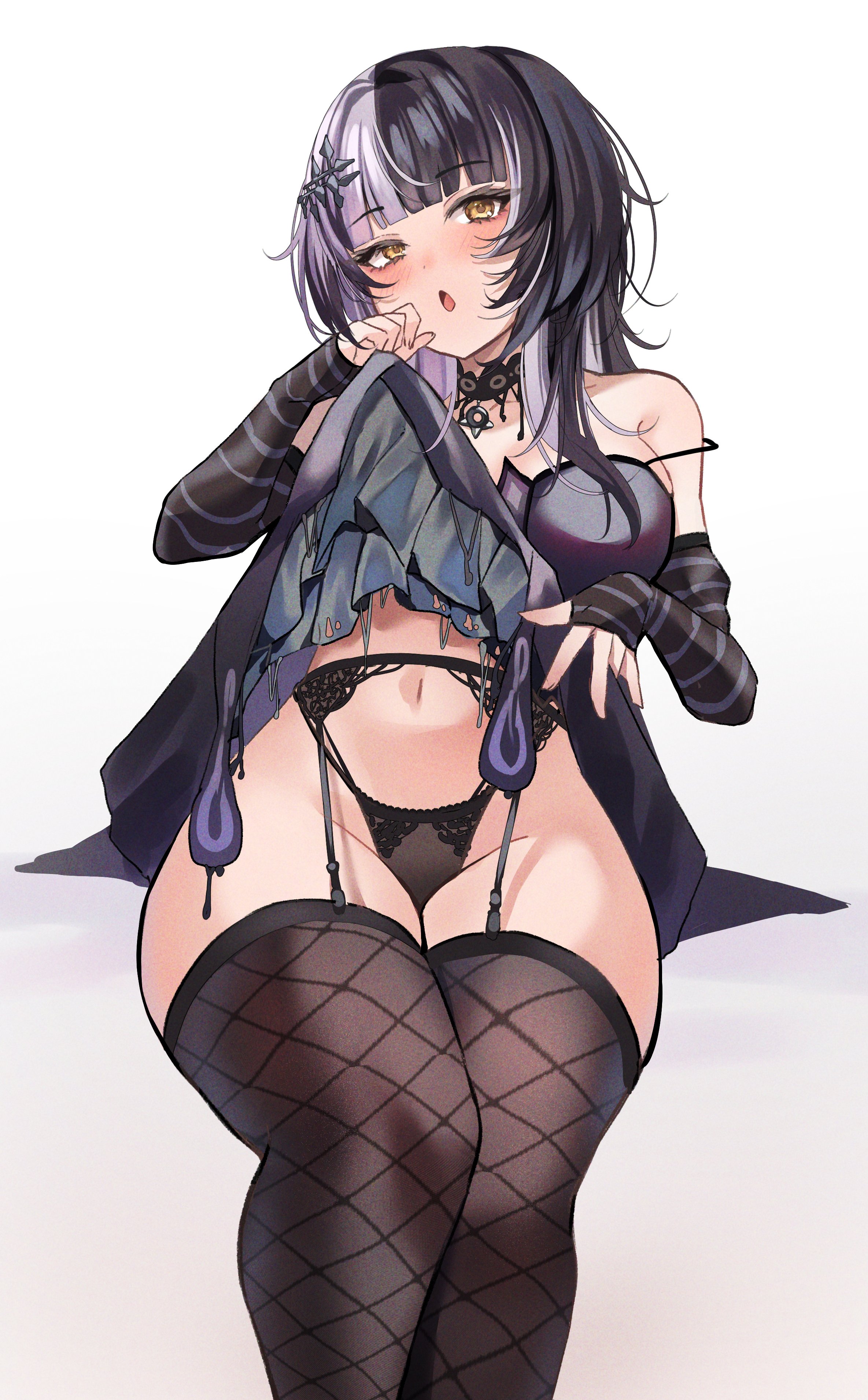 absurdres, black hair, blush, breasts, clothes lift, dress, dress lift, female, garter belt, garter straps, haruka ayane, highres, hololive, hololive english, hololive english -advent-, large breasts, long hair, looking at viewer, multicolored hair, navel, panties, purple hair, shiori novella, solo, split-color hair, thick thighs, thighhighs, thighs, two-tone hair, underwear, virtual youtuber, white background, wide hips, yellow eyes