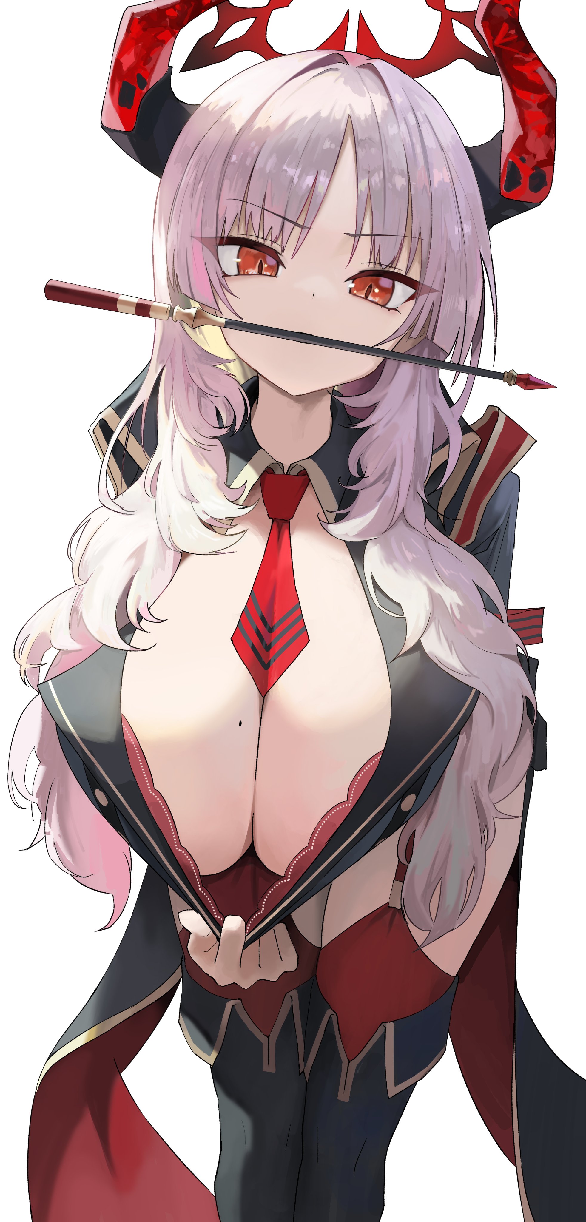 artist request, beauty mark, beauty mark on breasts, bent over, blue archive, bowtie, breasts, cleavage, female, gehenna academy student, gigantic breasts, object in mouth, pandemonium society (blue archive), presenting cleavage, pulling clothing, raised eyebrows, satsuki (blue archive), tagme (artist), thick thighs, wide hips