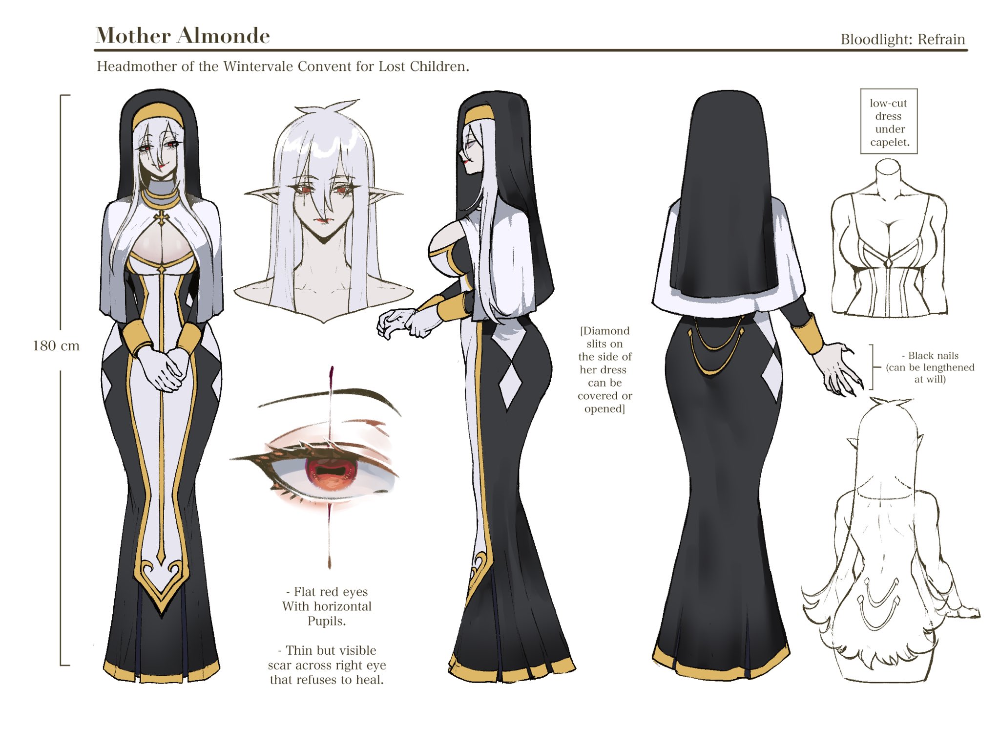 1girls, almonde jagger, big breasts, bloodlight (nyantcha), breasts, character sheet, cleavage, demon in disguise, disguise, english text, female, female only, hi res, horizontal pupils, long hair, multiple views, nun, nun hat, nun's habit, original, pointy ears, red eyes, sharp fingernails, solo, text, thiccwithaq, white hair, wide hips