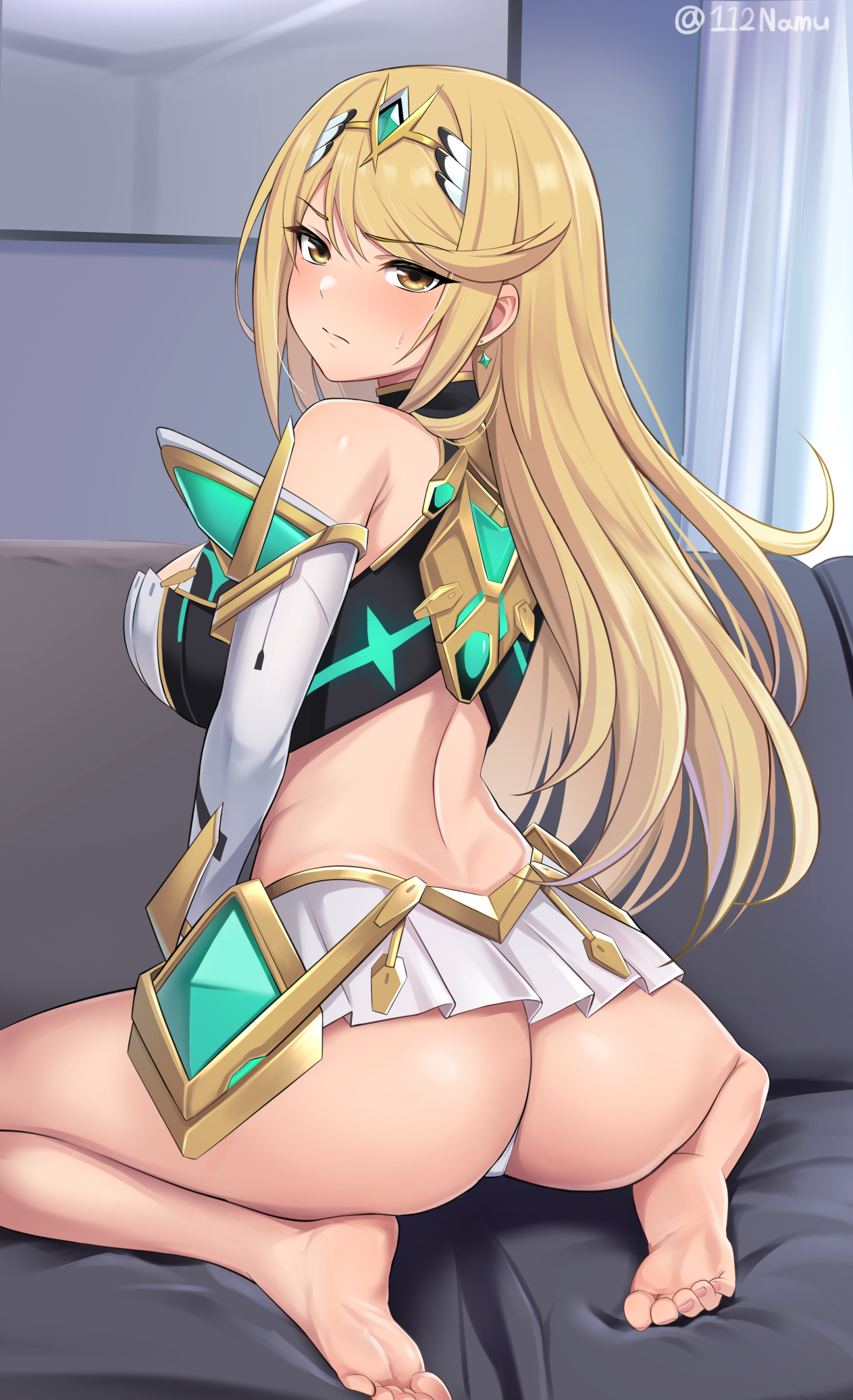 adapted costume, armor, armpit crease, ass, bare shoulders, barefoot, blonde hair, breasts, closed mouth, commentary, couch, crop top, drop earrings, earrings, elbow gloves, english commentary, feet, female, from behind, gloves, highres, indoors, jewelry, large breasts, legs, long hair, microskirt, mythra, namu (112namu), on couch, panties, pleated skirt, sitting, skirt, soles, solo, swept bangs, tiara, toe scrunch, toenails, toes, twitter username, underwear, wariza, white gloves, white panties, white skirt, xenoblade (series), xenoblade chronicles 2, yellow eyes