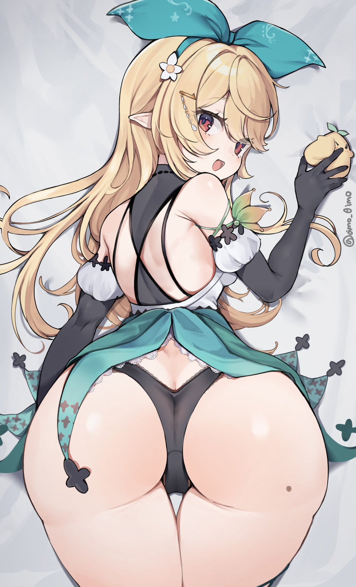 ass ass_focus black_gloves blonde_hair breasts female from_behind gloves good_ass_day green_ribbons hair_behind_ear highres long_hair looking_at_viewer looking_back mascot mole mole_on_ass nijisanji nijisanji_en oimo_0imo oimo_buster panties pointy_ears pomu_rainpuff pomudachi_(pomu_rainpuff) red_eyes ribbon smile solo underwear virtual_youtuber