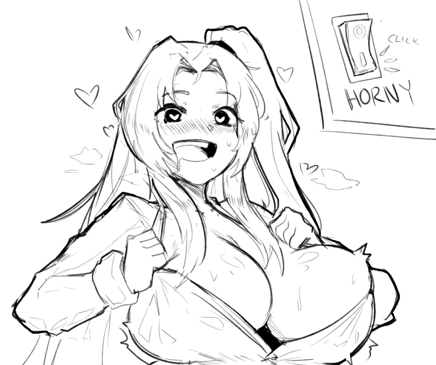 angela (lobotomy corporation), artist request, breasts, cleavage overflow, drooling, female, heart, heart-shaped pupils, imminent sex, large breasts, lobotomy corporation, no bra, project moon, robot girl, sweat, unbuttoned shirt, undressing