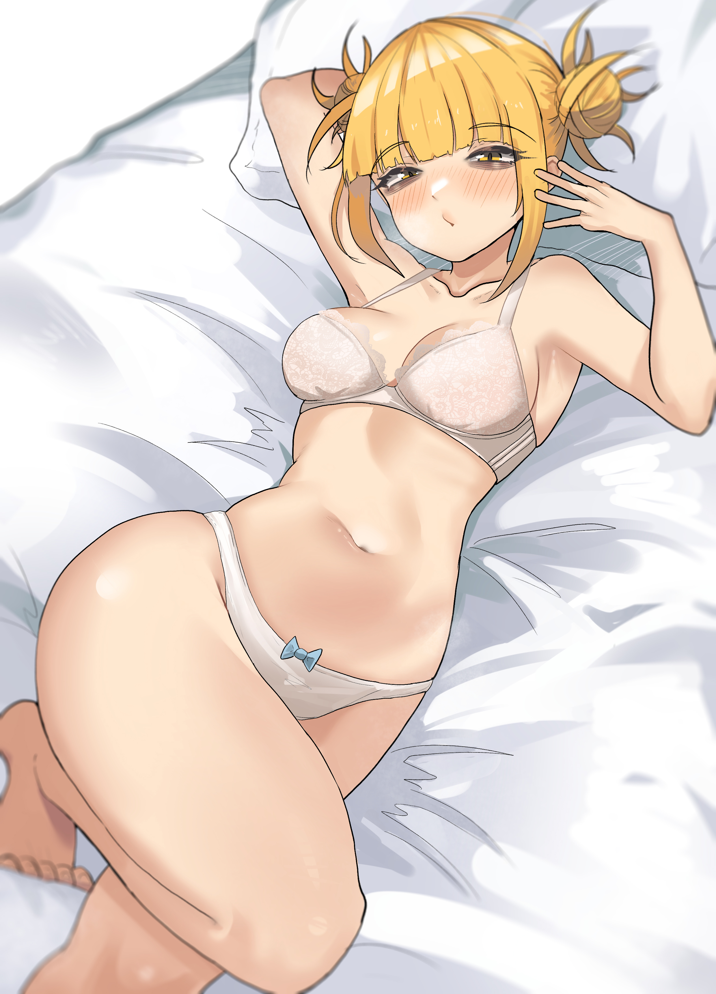 1girls, absurdres, arm up, bags under eyes, blonde hair, blonde-haired female, boku no hero academia, bow, bow panties, bra, breasts, double bun, female, hair bun, highres, himiko toga, knee up, looking at viewer, lying, medium breasts, messy hair, my hero academia, navel, on back, panties, pillow, solo, toga himiko, underwear, white bra, white panties, yellow eyes, zd (pixiv6210083)