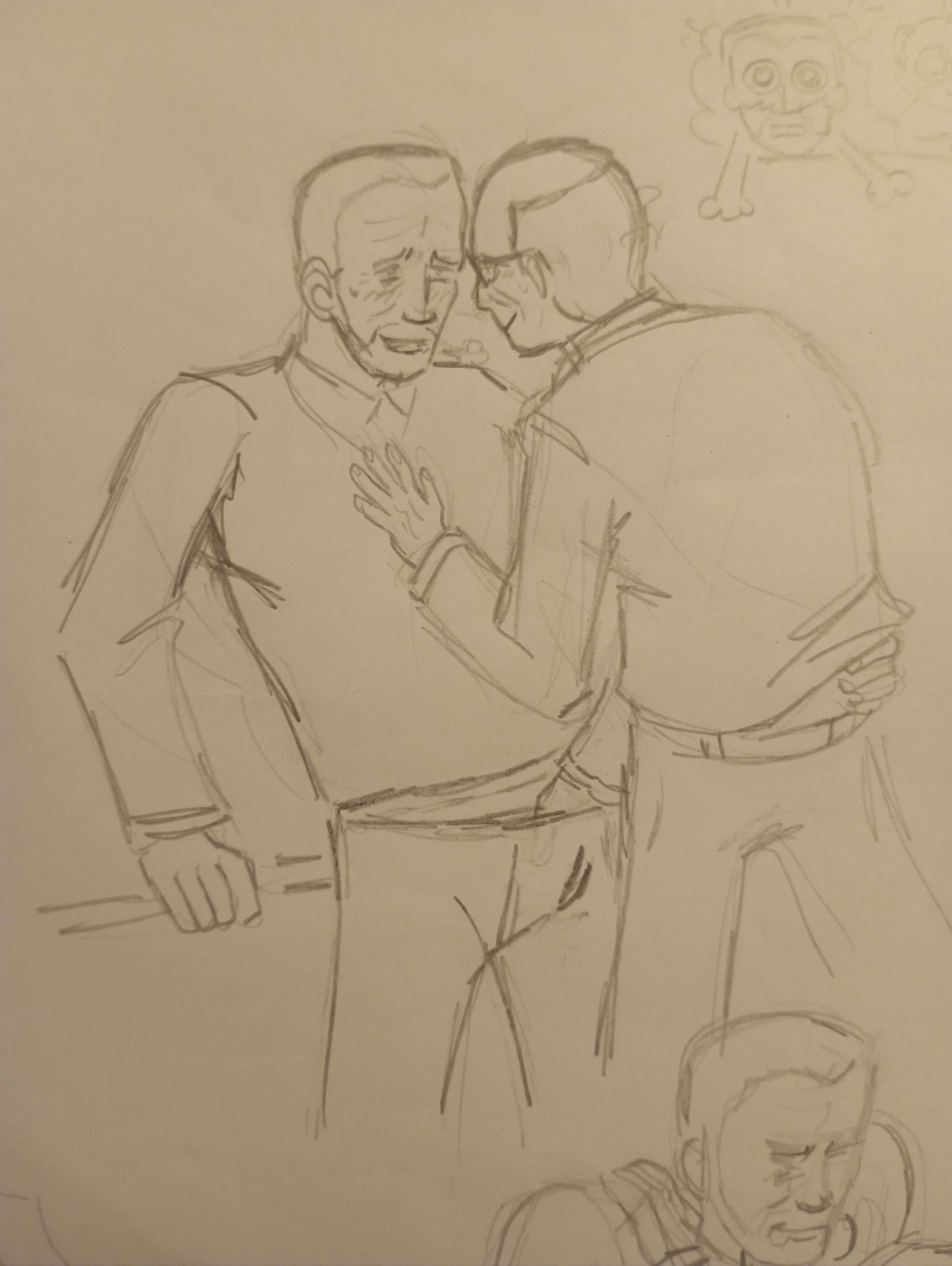 2boys blush breath breath_cloud clothed clothing eli_vance featheredcritter glasses grabbing half-life half-life_2 hand_in_pants isaac_kleiner leaning_back lifting_shirt low_effort masturbating masturbating_other no_visible_genitalia sigh sketch smile traditional_media_(artwork) under_clothes yaoi