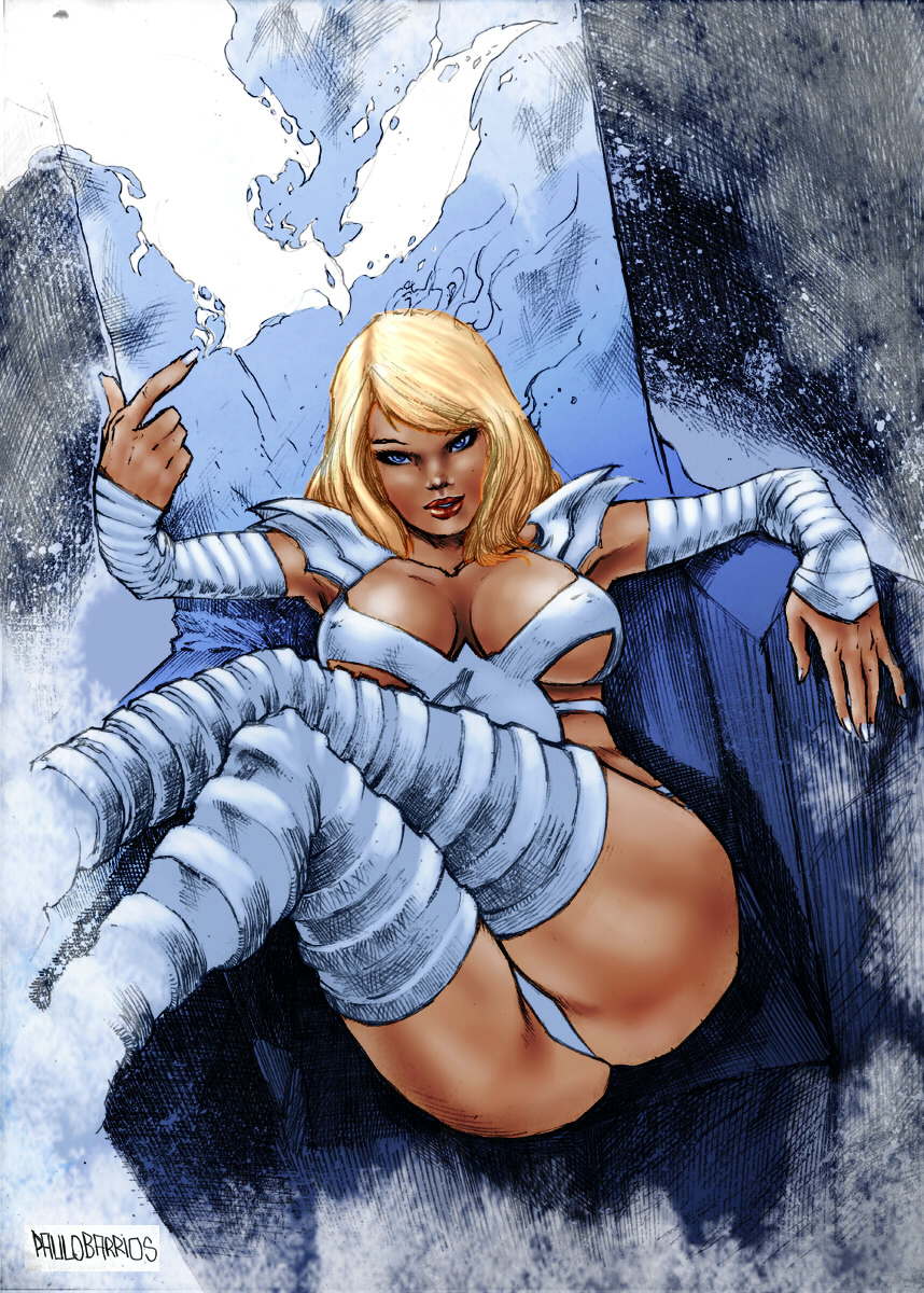 ass big_breasts blonde_hair blue_eyes breasts carol-colors cleavage dat_ass elbow_gloves emma_frost eyeshadow female fingernails gloves hair large_breasts long_hair marvel marvel_comics nail_polish nipple_bulge nipples paulo_barrios phoenix_five solo thick_thighs thighhighs thong white_queen x-men