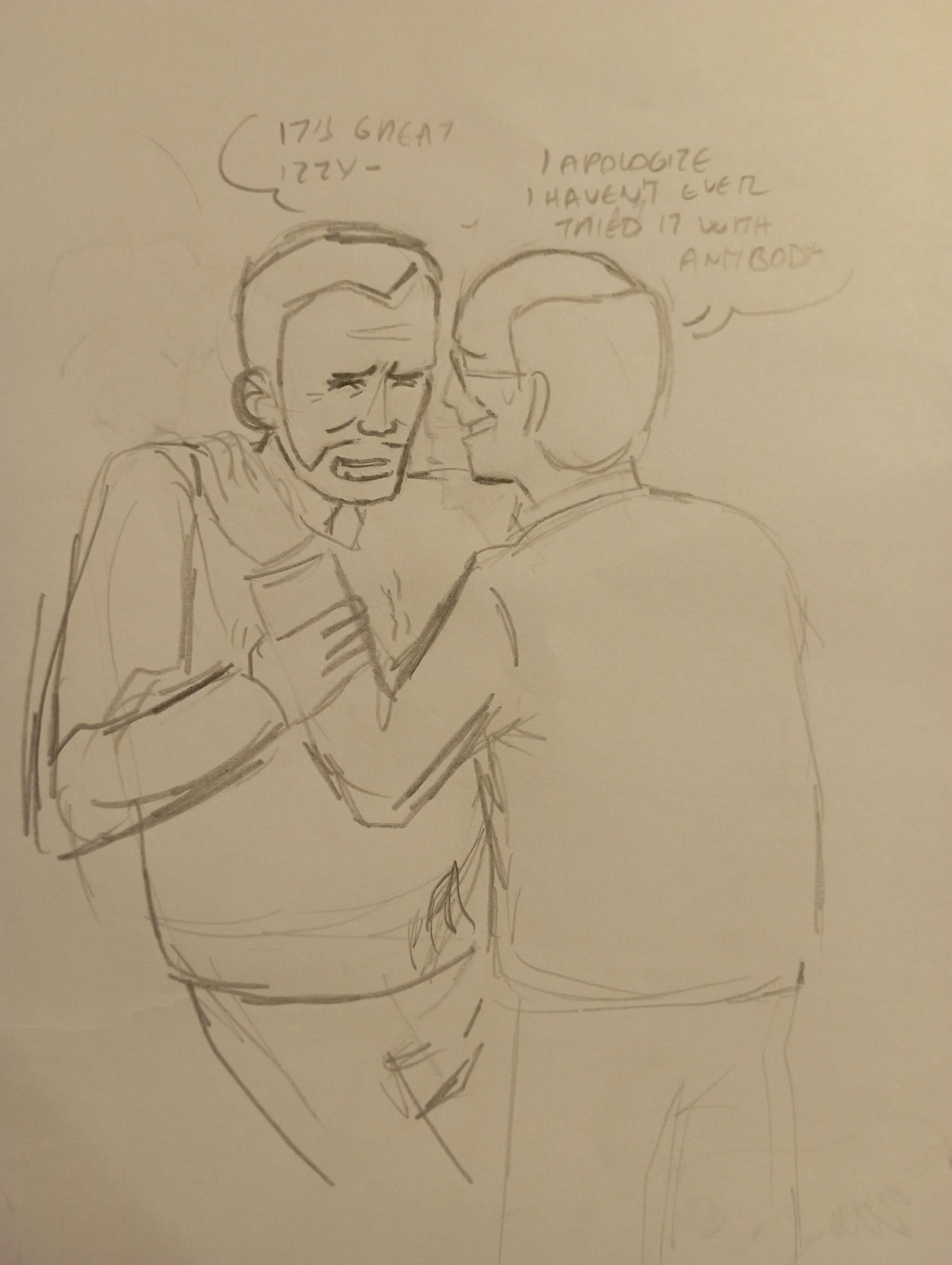 2boys apologizing balding clothed clothed_sex clothing dialogue eli_vance featheredcritter glasses half-life half-life_2 holding_arm isaac_kleiner jacking_off jacking_off_another low_effort masturbating masturbating_other no_visible_genitalia shivering sketch smile traditional_media_(artwork) yaoi