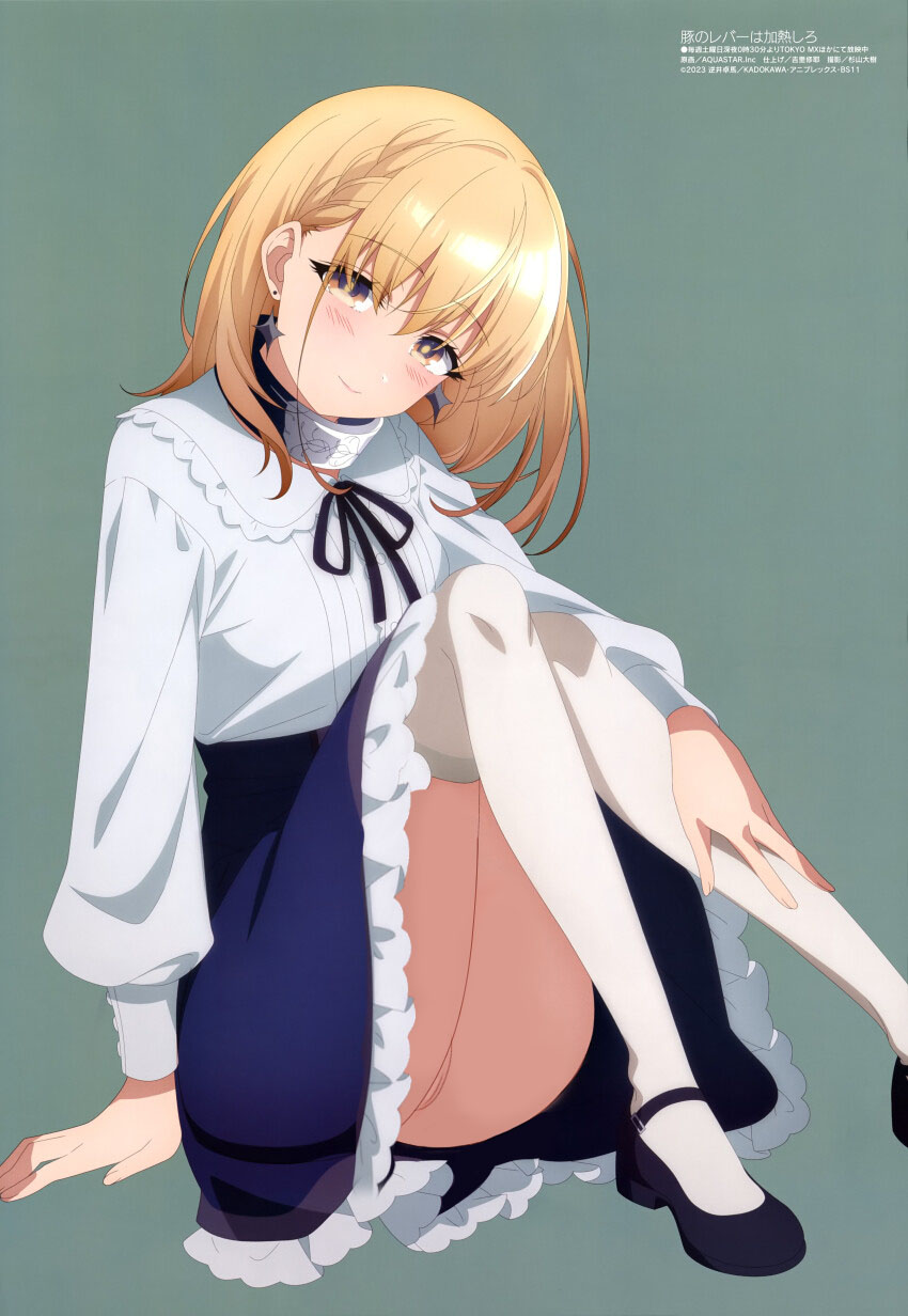 blonde_hair bottomless buta_no_liver_wa_kanetsu_shiro edit jess_(buta_no_liver_wa_kanetsu_shiro) long_hair looking_at_viewer no_panties official_art pussy skirt_lift uncensored