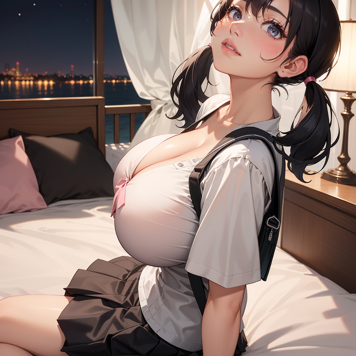 1girls, ai generated, backpack, bag, bangs, bed, bed sheet, bedroom, black hair, black skirt, blue eyes, blush, bow, breasts, cleavage, collarbone, collared shirt, curtains, eyelashes, female, from side, hair tie, huge breasts, indoors, lamp, large breasts, lips, long hair, looking at viewer, low twintails, miniskirt, mole, mole under eye, night, night sky, on bed, parted lips, pillow, pink bow, pleated skirt, school uniform, shirt, short sleeves, sitting, skirt, sky, solo, stable diffusion, teeth, thighs, twintails, white shirt, window