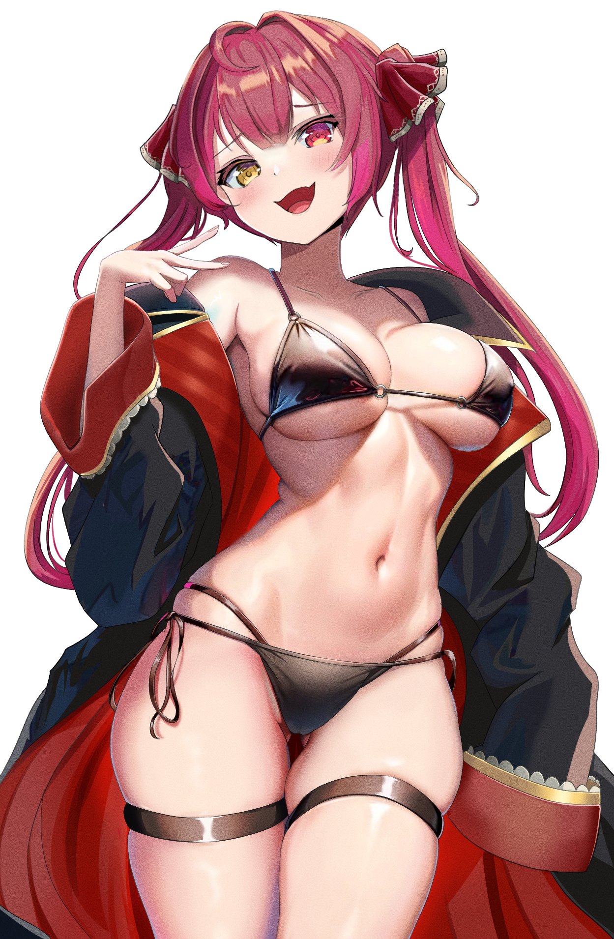 1girls, bare shoulders, black bikini, black coat, breasts, cleavage, female, hair ribbon, heterochromia, hololive, hololive fantasy, hololive japan, houshou marine, large breasts, long hair, navel, nekonosuke, open coat, red eyes, red hair, red ribbon, side-tie bikini, skin fang, smile, solo, thighs, twintails, virtual youtuber, white background, yellow eyes