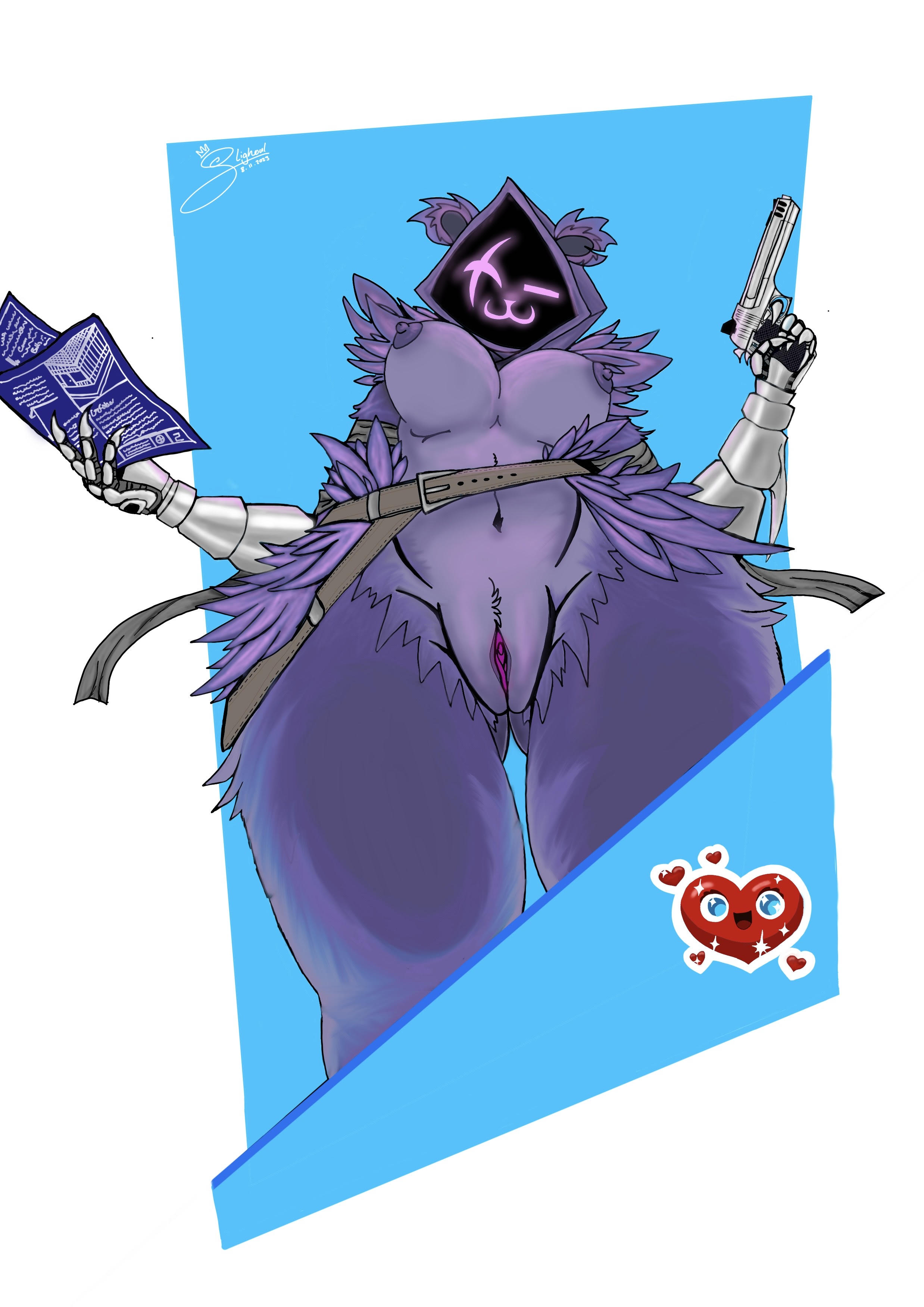 anthro, bear, breasts, epic games, eye scar, facial scar, female, female focus, female only, fortnite, hood up, looking at viewer, mammal, partially clothed, pov, pov eye contact, pussy, raven team leader, raven team leader (fortnite), thick thighs, wide hips