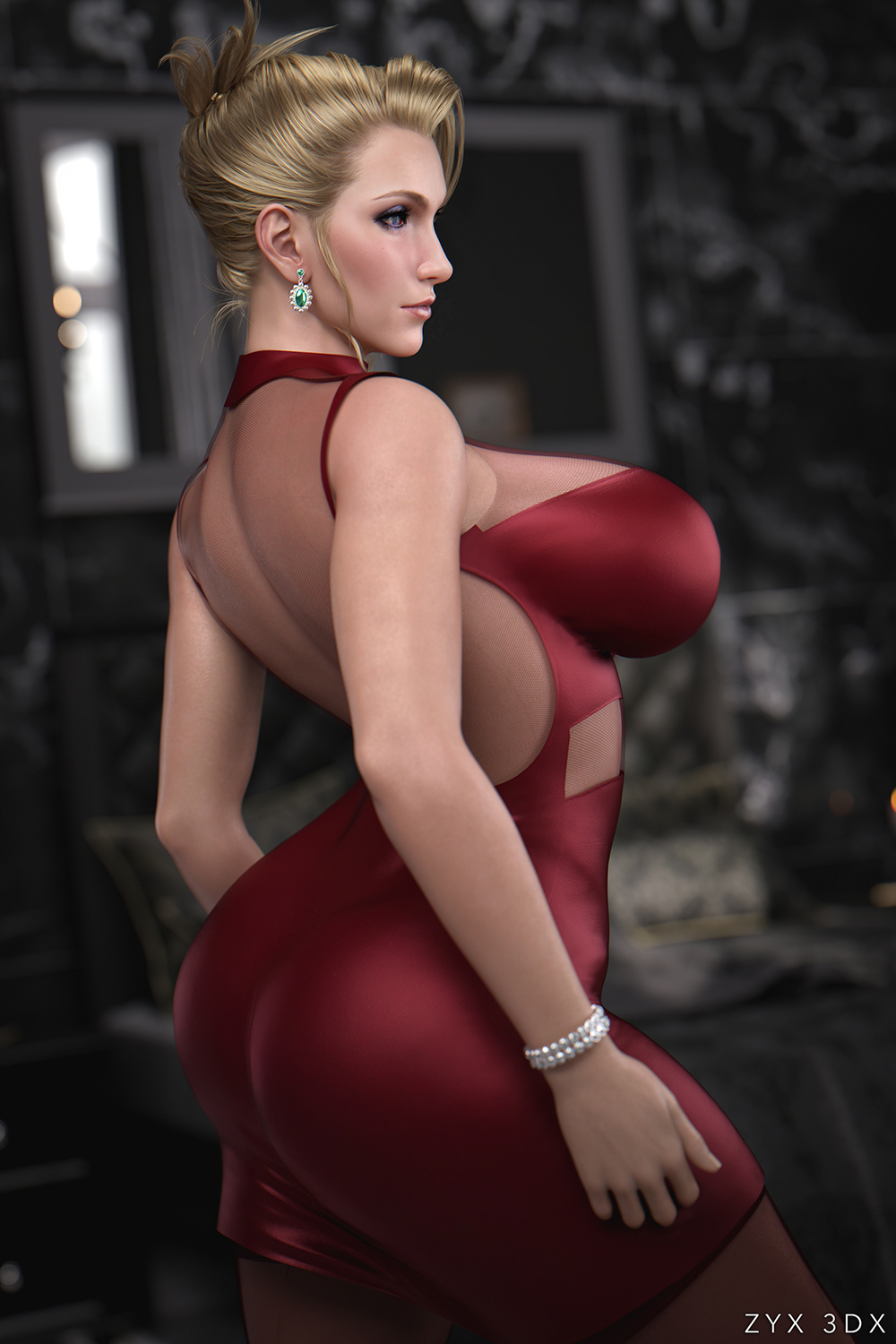 1girls, 3d, ass, big ass, big breasts, blonde hair, breasts, dress, female, final fantasy, final fantasy vii, final fantasy vii remake, jewelry, light skin, milf, scarlet (ffvii), square enix, standing, zyx3dx