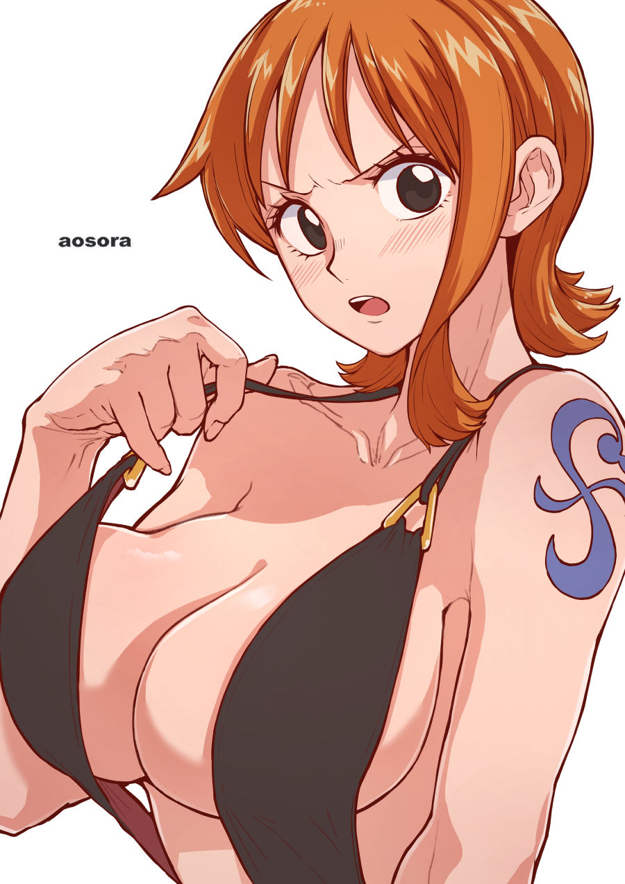 1girls anime_nose aosora artist_name big_breasts bikini black_eyes blush breasts cleavage embarrassed female female_only human nami no_visible_genitalia one_piece orange_hair pre-timeskip short_hair shoulder_tattoo sling_bikini solo tattoo waist_up white_background