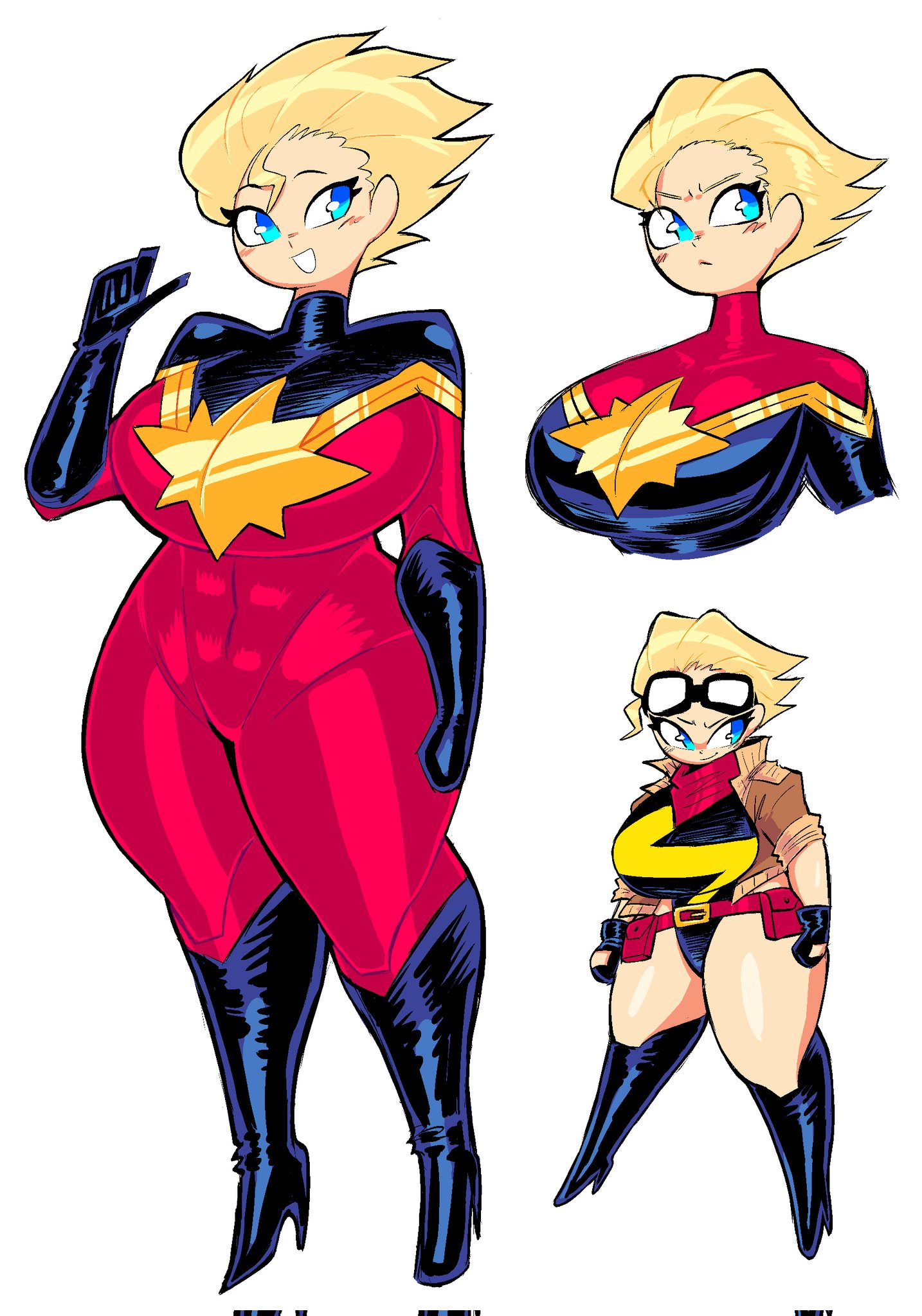1girls, belt, belt buckle, big breasts, blonde hair, blue eyes, bodysuit, breasts, captain marvel, carol danvers, clothed, clothing, coat, curvy, curvy female, female, female only, goggles, goggles on head, human, human only, ilikestuffdoyou, jacket, leotard, light skin, light-skinned female, marvel, marvel comics, ms. marvel, ms. marvel (carol danvers), outfit variant, smile, superheroine, theguywhodrawsalot, thick thighs, thighhigh boots, thighhighs, thighs, tight clothing