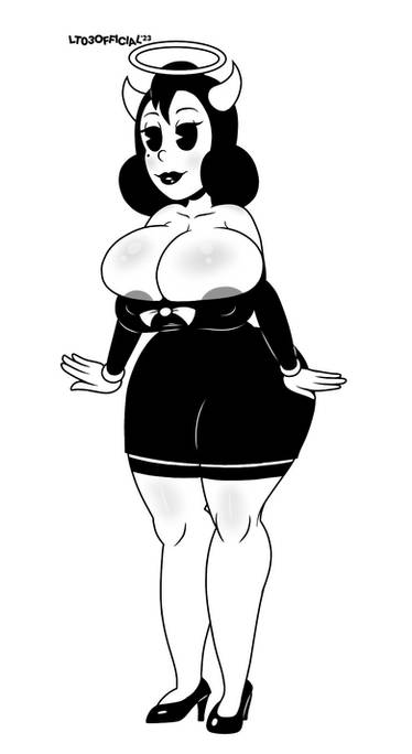 alice_angel angel ass bendy_and_the_dark_revival bendy_and_the_ink_machine big_ass big_breasts black_dress black_hair braless cartoon cleavage clothed clothed_female erect_nipples female_only heels horns lt03official no_bra partially_exposed_nipples partially_visible_nipples toony white_bowtie white_halo white_horns