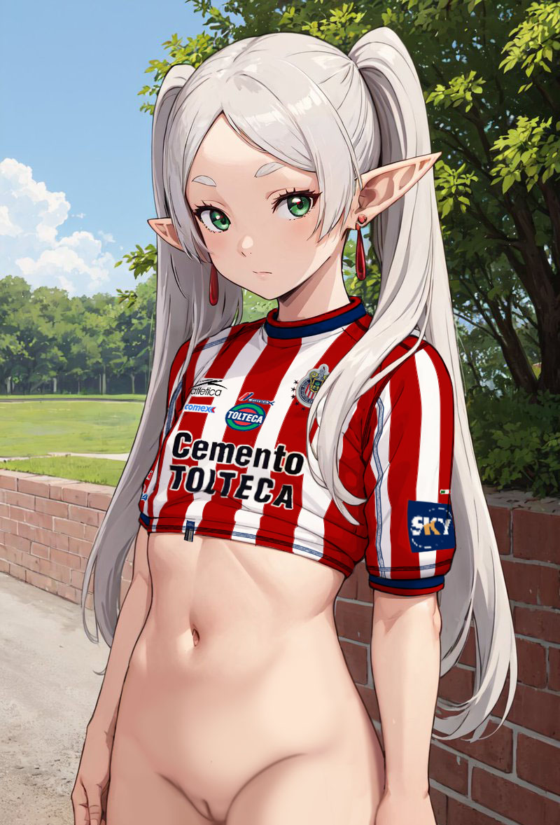 1girls ai_generated atletica_(brand) bottomless cemento_tolteca club_deportivo_guadalajara elf elf_ears female female_only frieren green_eyes green_hair long_hair looking_at_viewer nekom14 pussy soccer_jersey solo sousou_no_frieren twintails young