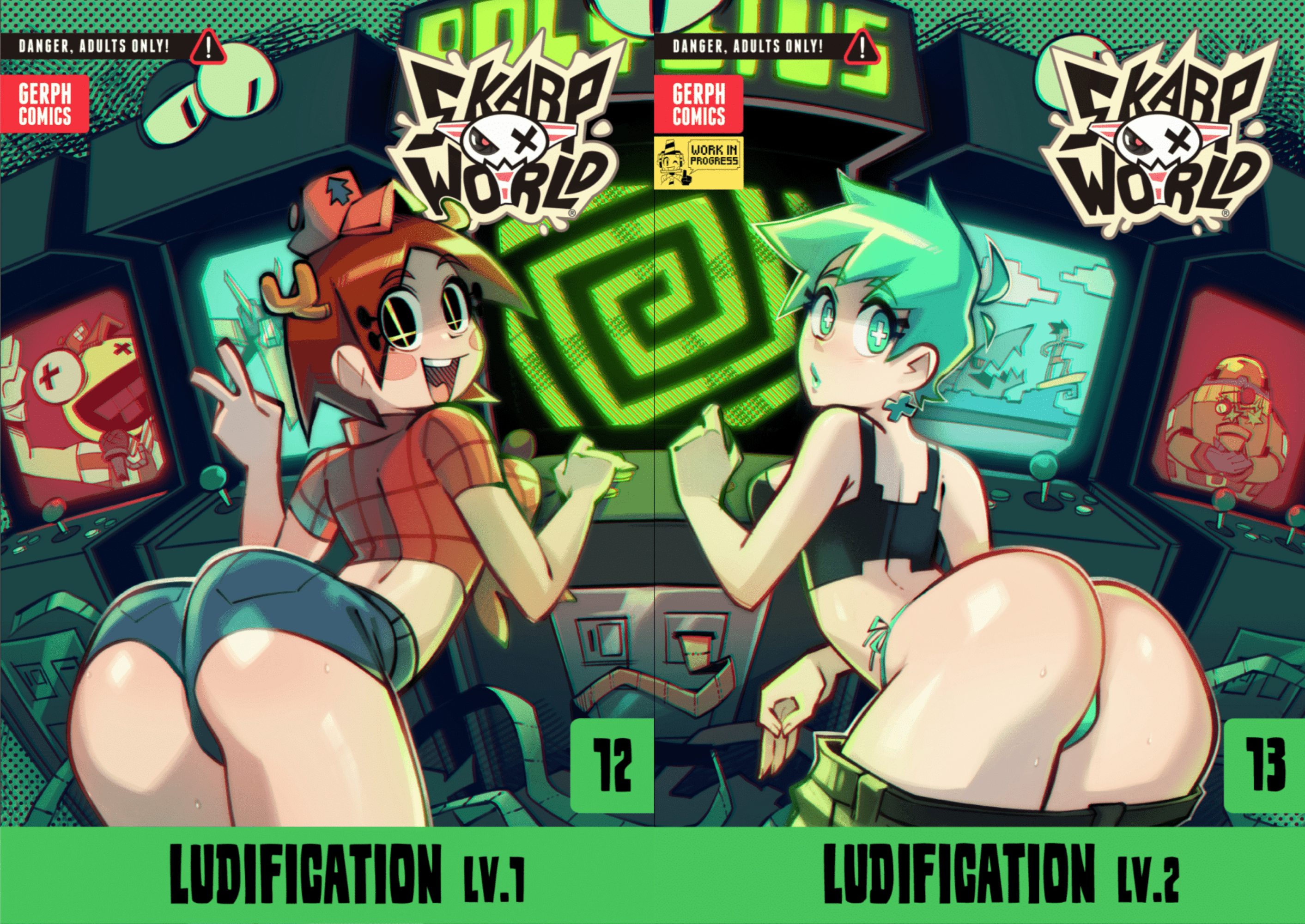 arcade, arcade machine, ass, blue shorts, cover page, electronics, english text, female, gerph, human, jean shorts, mint (skarp world), pale skin, skarp world, suggestive gesture, tagme, text
