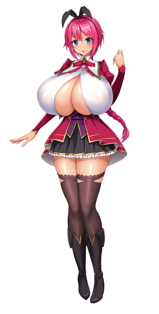 1girls blue_eyes braid breasts_bigger_than_head btk citra_lockheart cleavage eyebrows_visible_through_hair female female_only front_view game_cg hair_ornament huge_breasts large_breasts long_braid looking_at_viewer massive_breasts milk_factory miniskirt motto!_haramase!_honoo_no_oppai_isekai_chou_ero_succubus_gakuen! official_art open_mouth pink_hair school_uniform schoolgirl shiny_skin succubus thighhighs