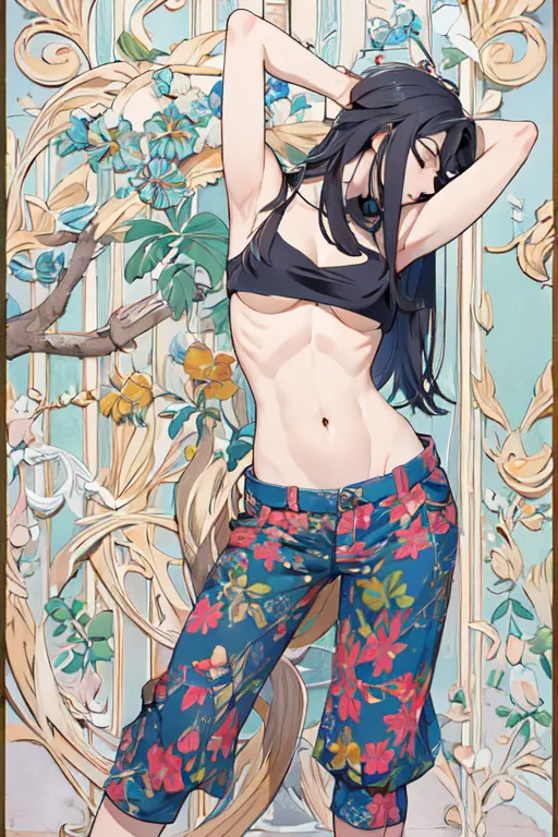 arms_stretched bra closed_eyes hyuuga_hinata mature_female midriff naruto navel pants spread_arms