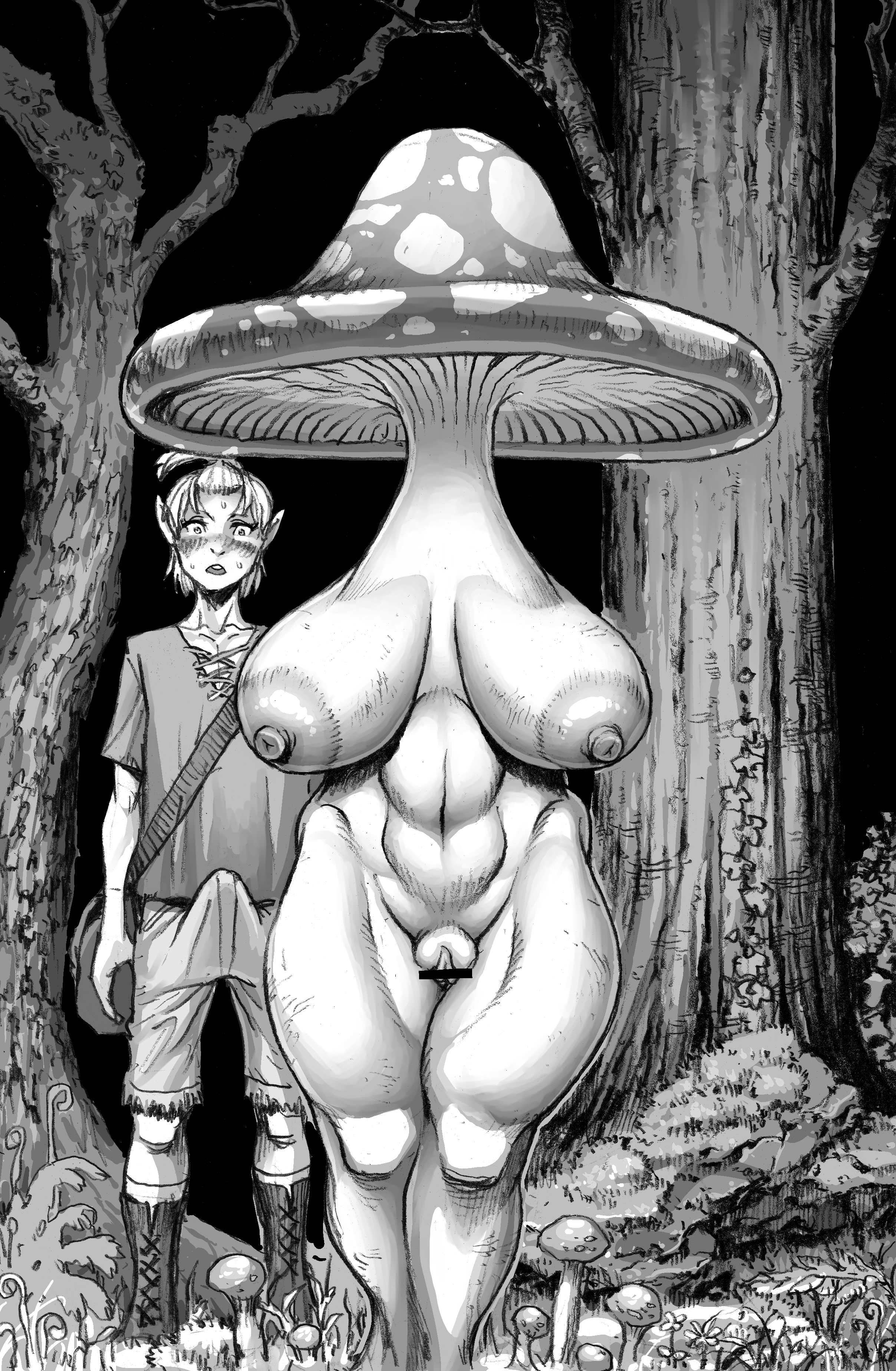 1boy, 1girls, areolae, bare shoulders, big areola, big breasts, bimbo, black and white, blush, boots, breasts, busty, censored, clothed male nude female, curvy, detailed background, double deck, elf, erect nipple, erect nipples, erection, erection under clothes, eyelashes, faceless female, female, female monster, front view, fungi humanoid, humanoid, hyper, large areolae, male, monster, monster girl, mushroom, mushroom humanoid, naked, nipples, no face, nude, open mouth, outdoors, outside, plant girl, pointy ears, puffy nipples, pussy, shaved pussy, short hair, sound effects, standing, sweat, thick thighs, tied hair, tree, voluptuous