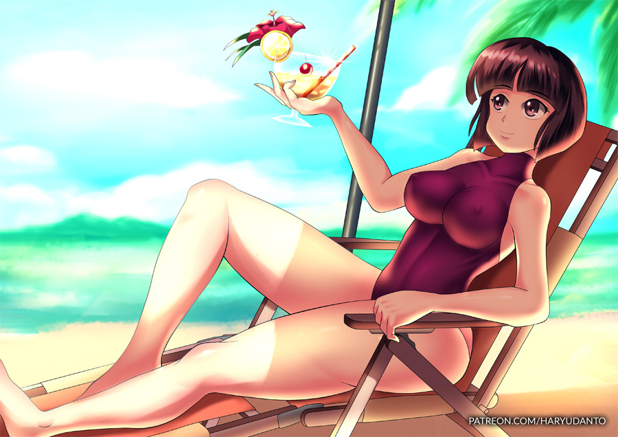 1girl 1girls andronicusvii beach_chair chair drinking female holding_cup medium_breasts nabiki_tendo one-piece_swimsuit ranma_1/2 red_swimsuit relaxing sunny swimsuit