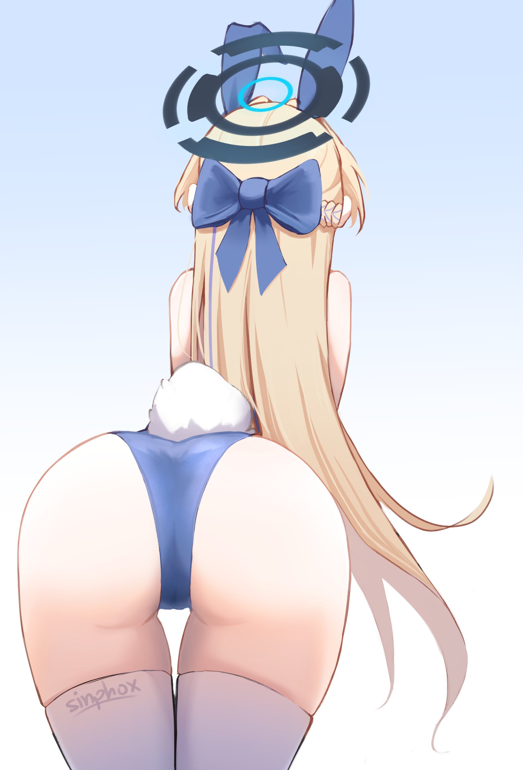 ass, bent over, blonde hair, blue archive, bunny ears, bunny tail, bunnysuit, facing away, female, halo, leggings, leotard, millennium science school student, presenting hindquarters, sinphox (artist), skindentation, solo, thighhighs, toki (blue archive), toki (bunny) (blue archive)