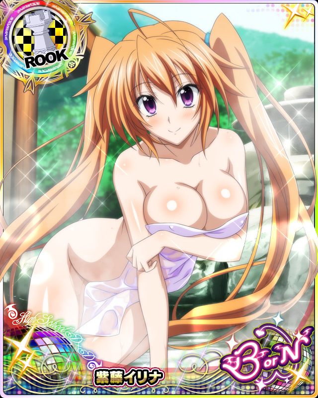 1girls ahoge arm_support big_breasts breasts busty card_(medium) covering female female_focus female_only hair_between_eyes hair_ornament high_school_dxd high_school_dxd_born highres huge_breasts large_breasts long_hair looking_at_viewer official_art onsen orange_hair purple_eyes shidou_irina smile solo teasing twintails very_long_hair