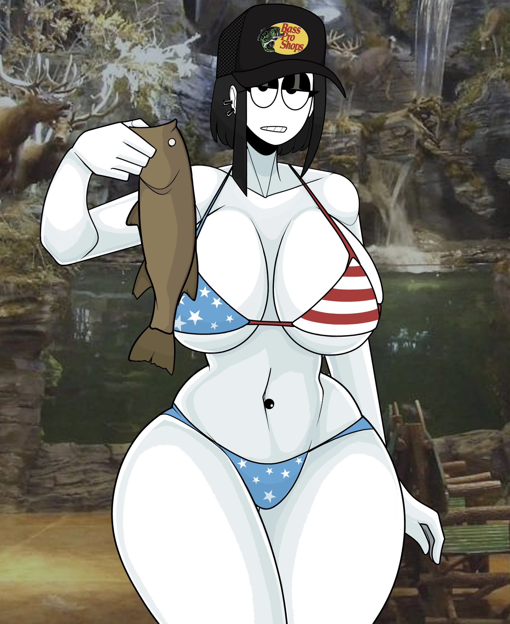 american flag bikini, bikini, breasts, female, female only, huge breasts, looking at viewer, pov, saltynoodles, solo, veronica (saltynoodles), white skin