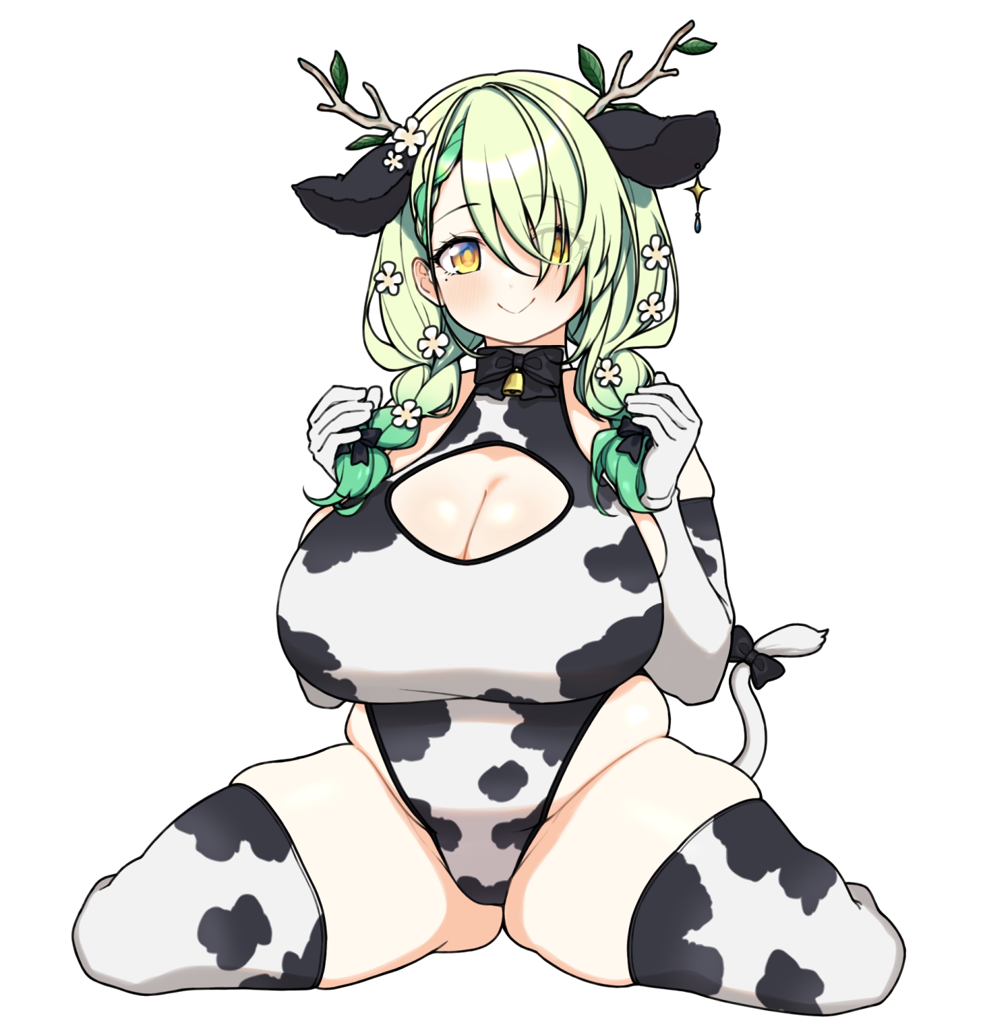 :>, antlers, boob window, breasts, ceres fauna, chubby female, cleavage, cow ears, cow print, female, green hair, hololive, hololive english, hololive english -council-, hololive english -promise-, huge breasts, okunin, on knees, plump, smile, solo, spread legs, virtual youtuber