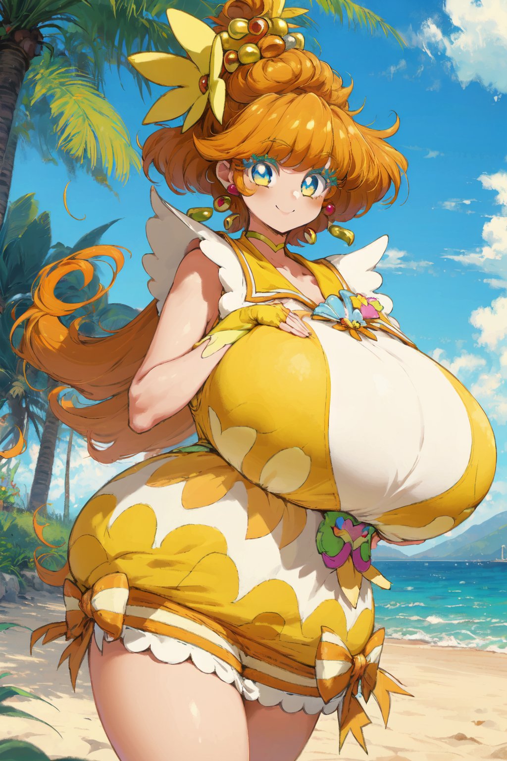 ai_generated alternate_breast_size beach blue_eyes breasts choker clothing cloud cure_papaya day dress earrings fingerless_gloves flower_hair_ornament frills gigantic_breasts gloves hair_ornament hand_on_breast happy huge_breasts ichinose_minori jewelry large_breasts long_hair magical_girl multicolored_eyes ocean orange_hair palm_tree ponytail precure pretty_cure ribbon seaside sky smile smiling smiling_at_viewer standing thighs tropical-rouge!_precure yellow_choker yellow_dress yellow_eyes yellow_ribbon