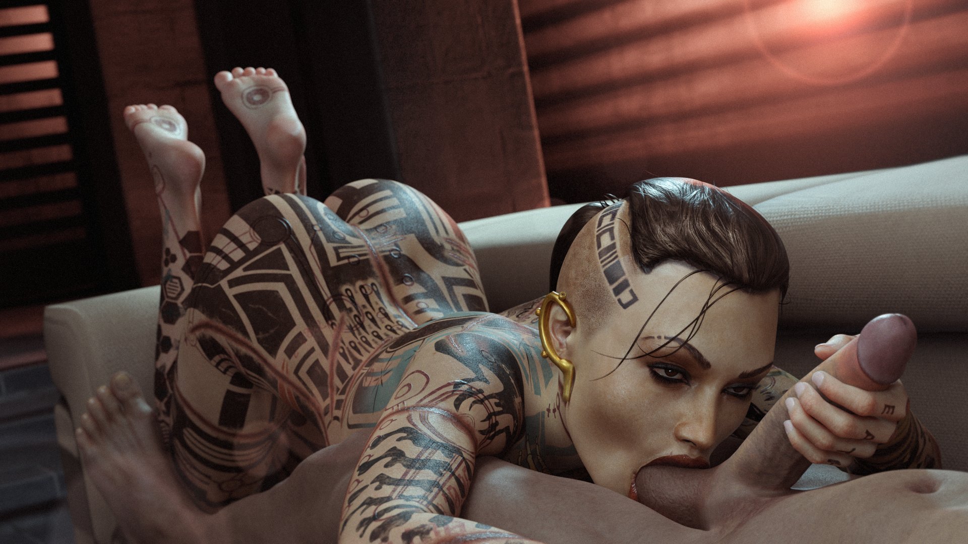 3d, balls, barefoot, bioware, black hair, bluelight, commander shepard, completely nude, electronic arts, feet, feet up, female, female focus, female human, female on male, jack (mass effect), makeup, male, maleshep, mass effect, mass effect 2, mass effect 3, naked female, nude, nude female, oral, oral sex, penis, sex, soles, sucking, sucking balls, tattoo, tattoos, tattoos everywhere, toes