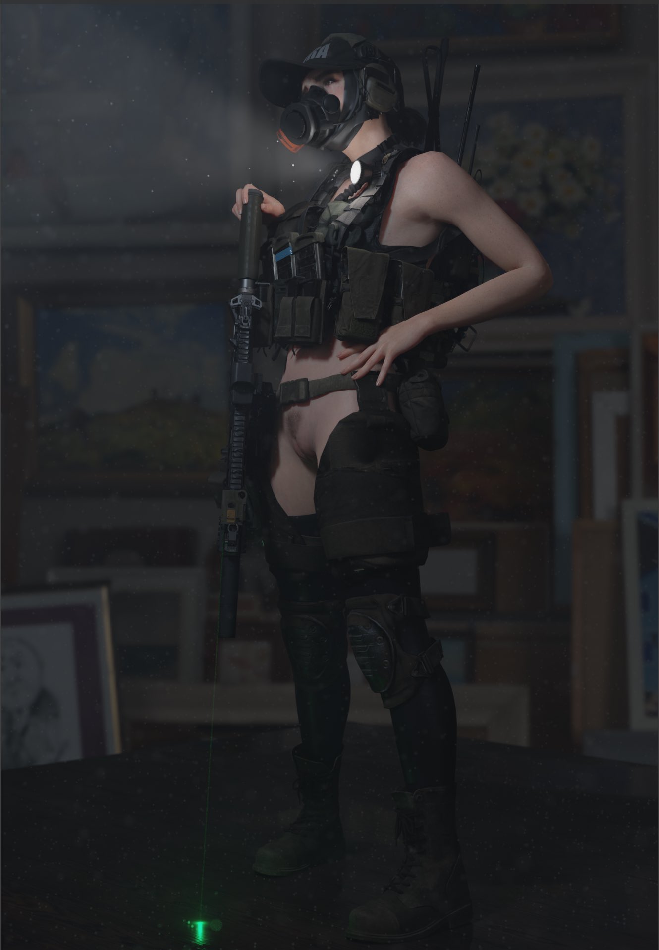 3d assault_rifle athletic athletic_female belt boots bottomless cap ellie_(the_last_of_us) ellie_williams female female_focus female_only gas_mask gun nude nude_female nudity pinup pinup_pose pubes pubic_hair pussy standing tactical_gear tactical_nudity tactical_vest the_last_of_us the_last_of_us_2 thereycake vagina vest