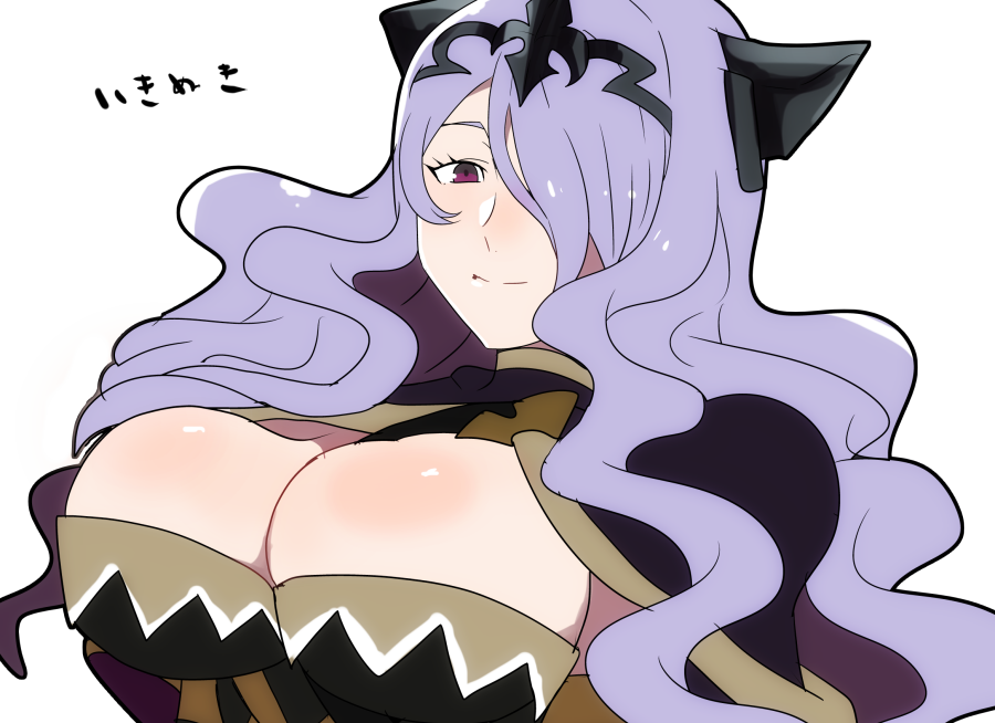 1girls breasts bursting_breasts camilla_(fire_emblem) cleavage female female_only fire_emblem fire_emblem_fates large_breasts long_hair looking_at_viewer nintendo one_eye_covered pink_eyes purple_hair rem_(eyes_410) solo upper_body white_background
