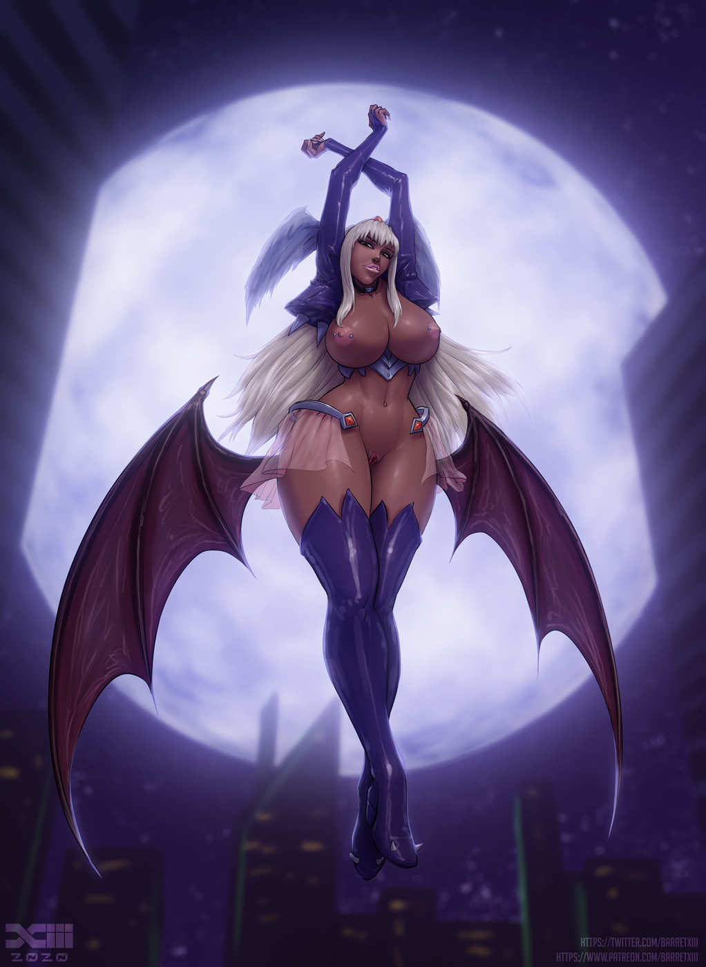 2020 5_fingers angel_blade areola armwear barretxiii big_breasts breasts clothing demon female fingers full_moon genitals hair head_wings hi_res humanoid legwear long_hair membrane_(anatomy) membranous_wings monster_girl moon mostly_nude nailkaiser night nipple_piercing nipples not_furry piercing pussy solo text url winged_humanoid wings